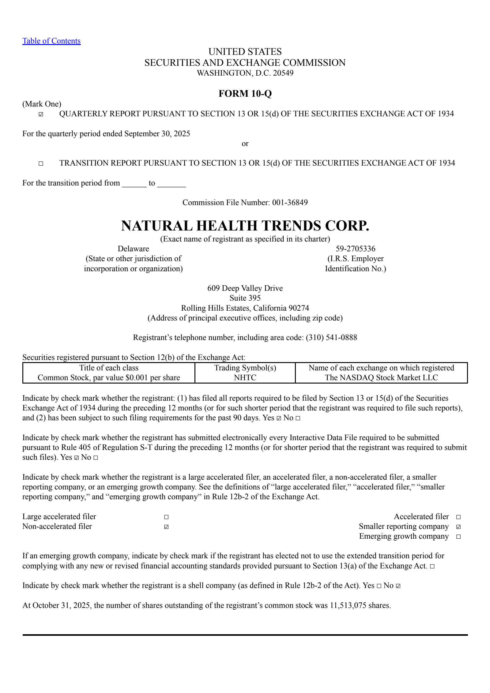 Natural Health Trends' Q3 2025 Quarterly Report