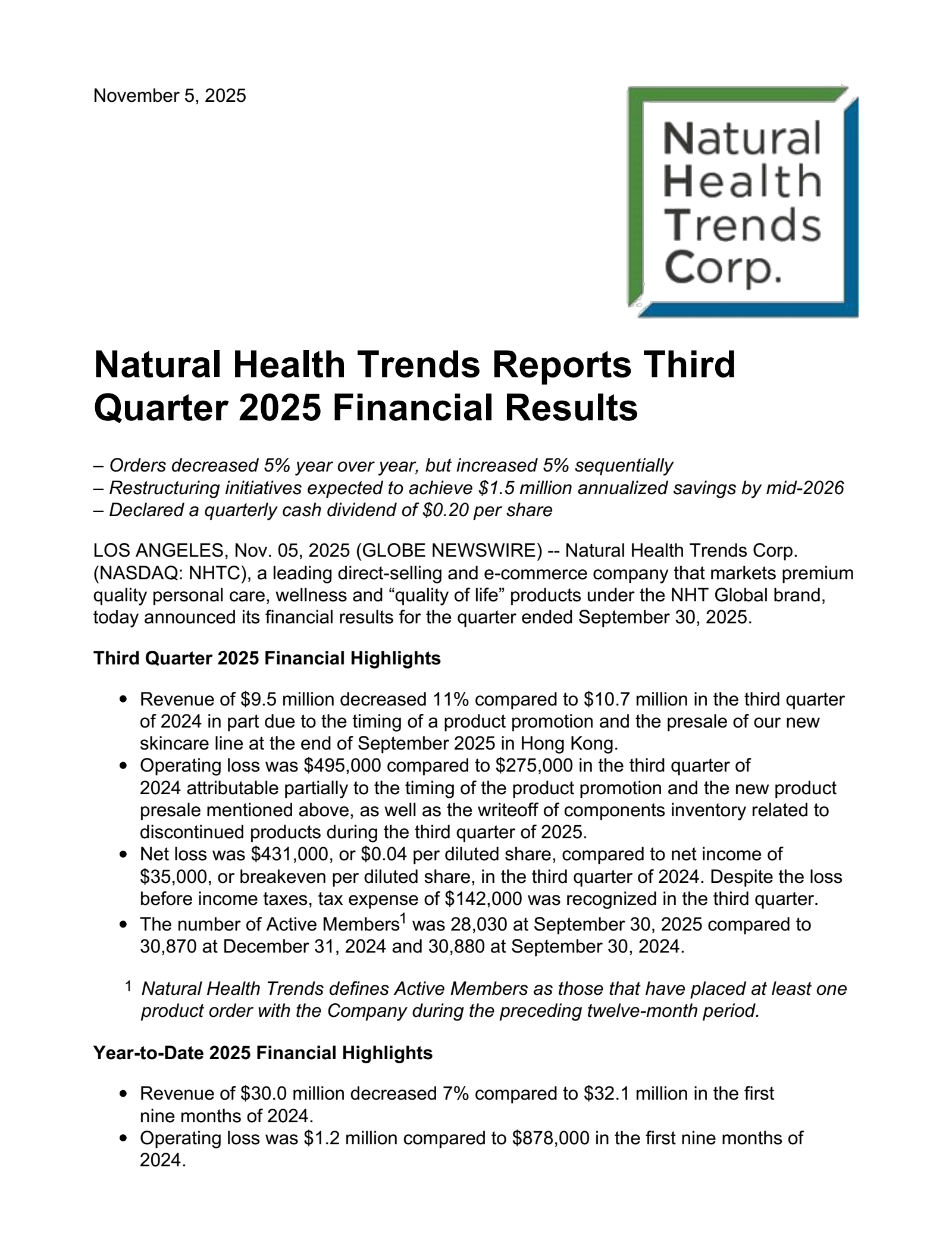 Natural Health Trends' Q3 2025 Earnings Release