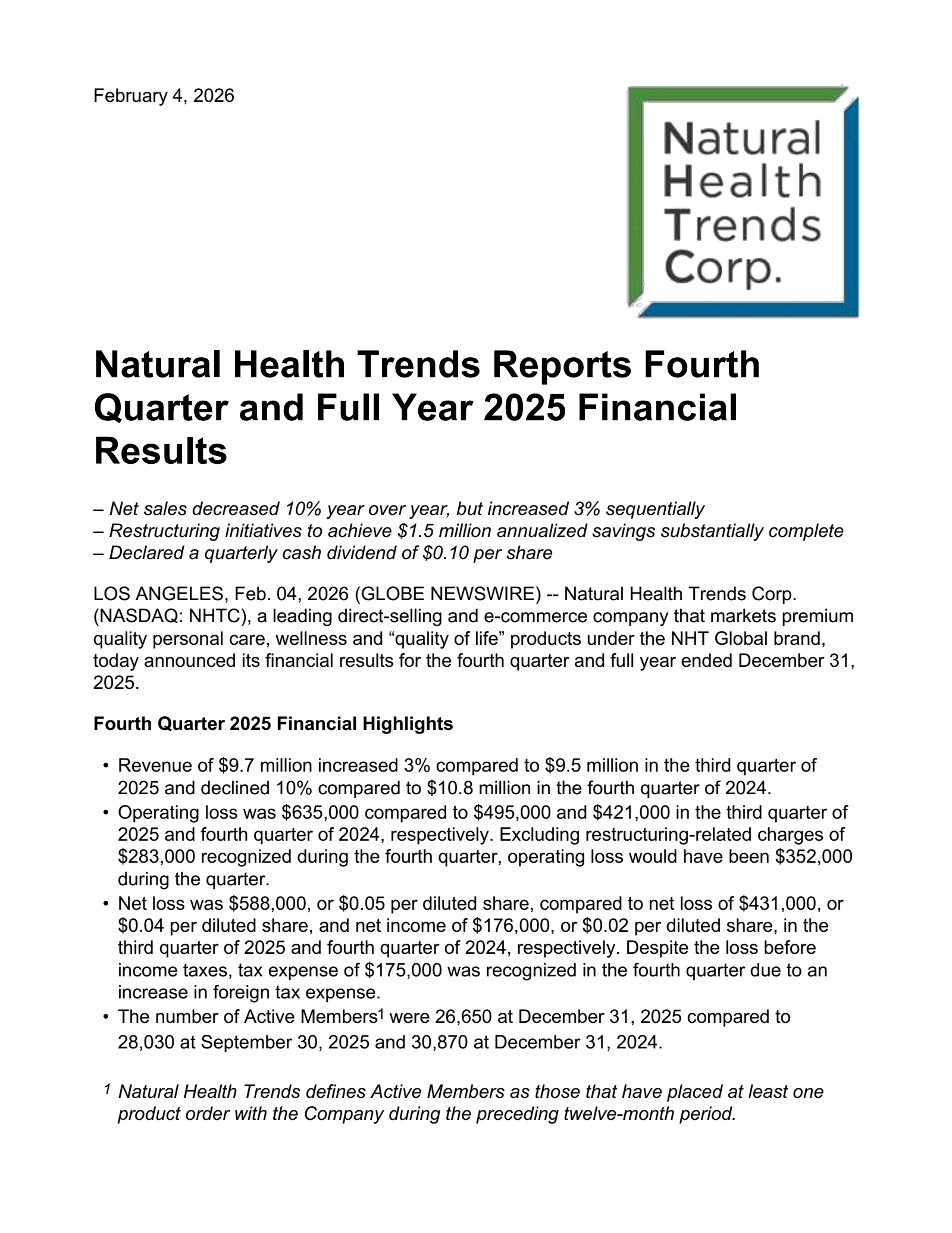 Natural Health Trends' Q4 2025 Press Release
