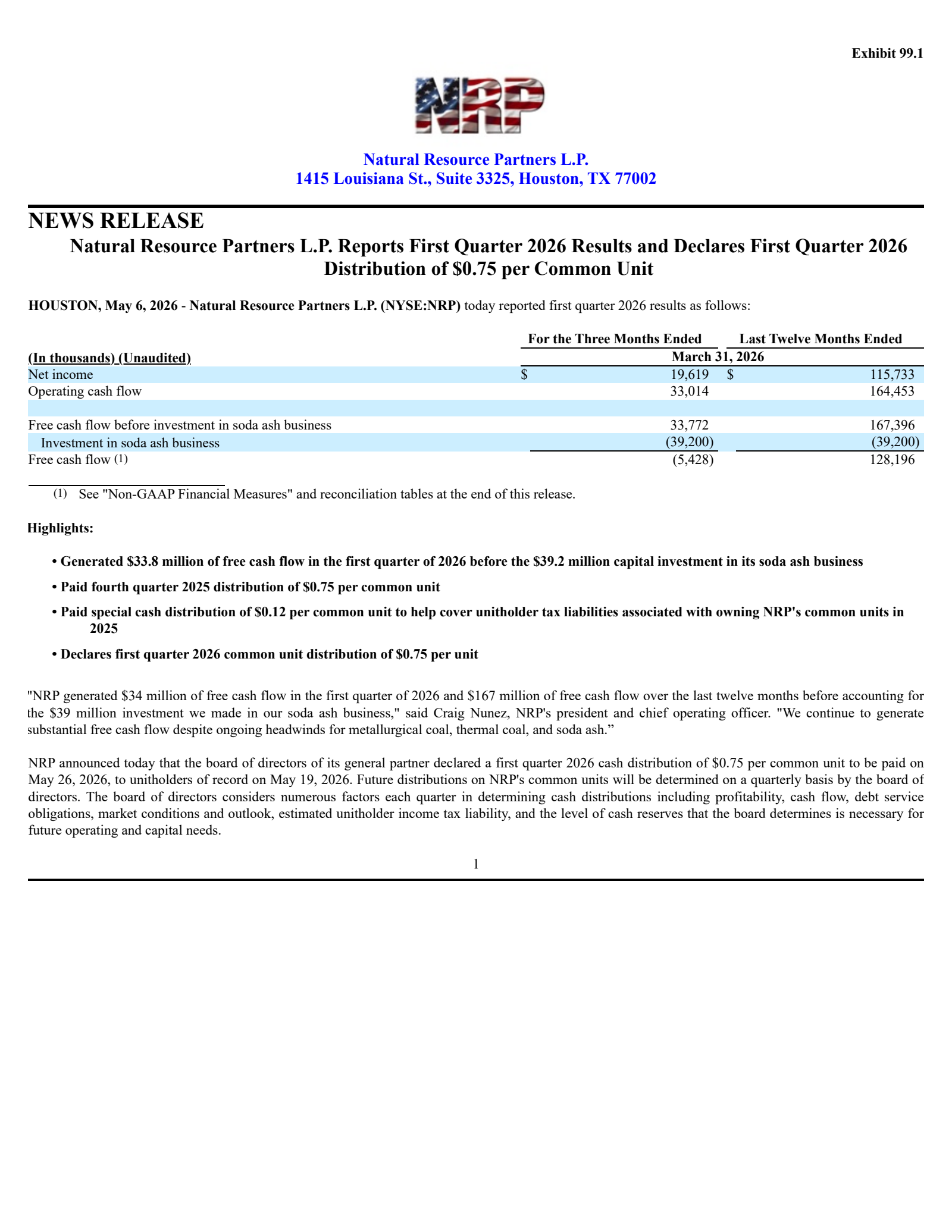 Natural Resource Partners' Q1 2026 Press Release