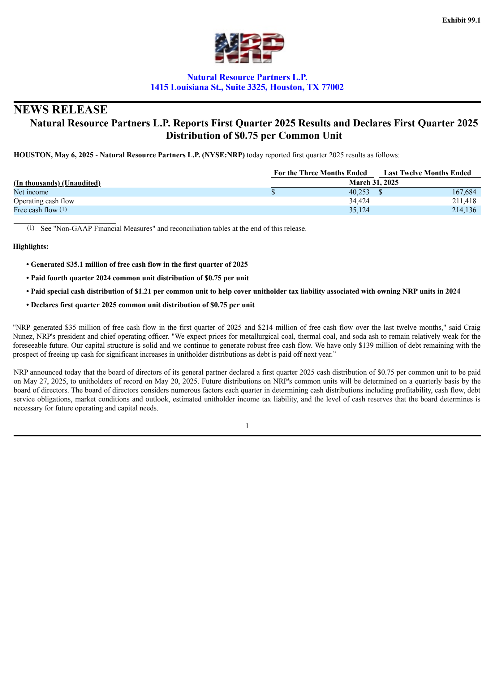 Natural Resource Partners' Q2 2025 Press Release