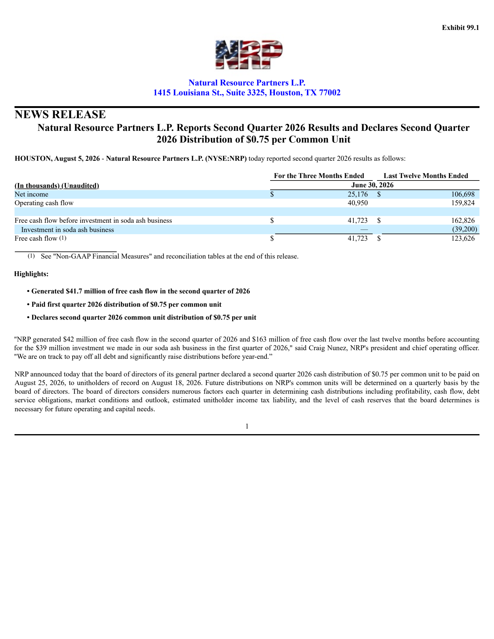 Natural Resource Partners' Q2 2026 Press Release