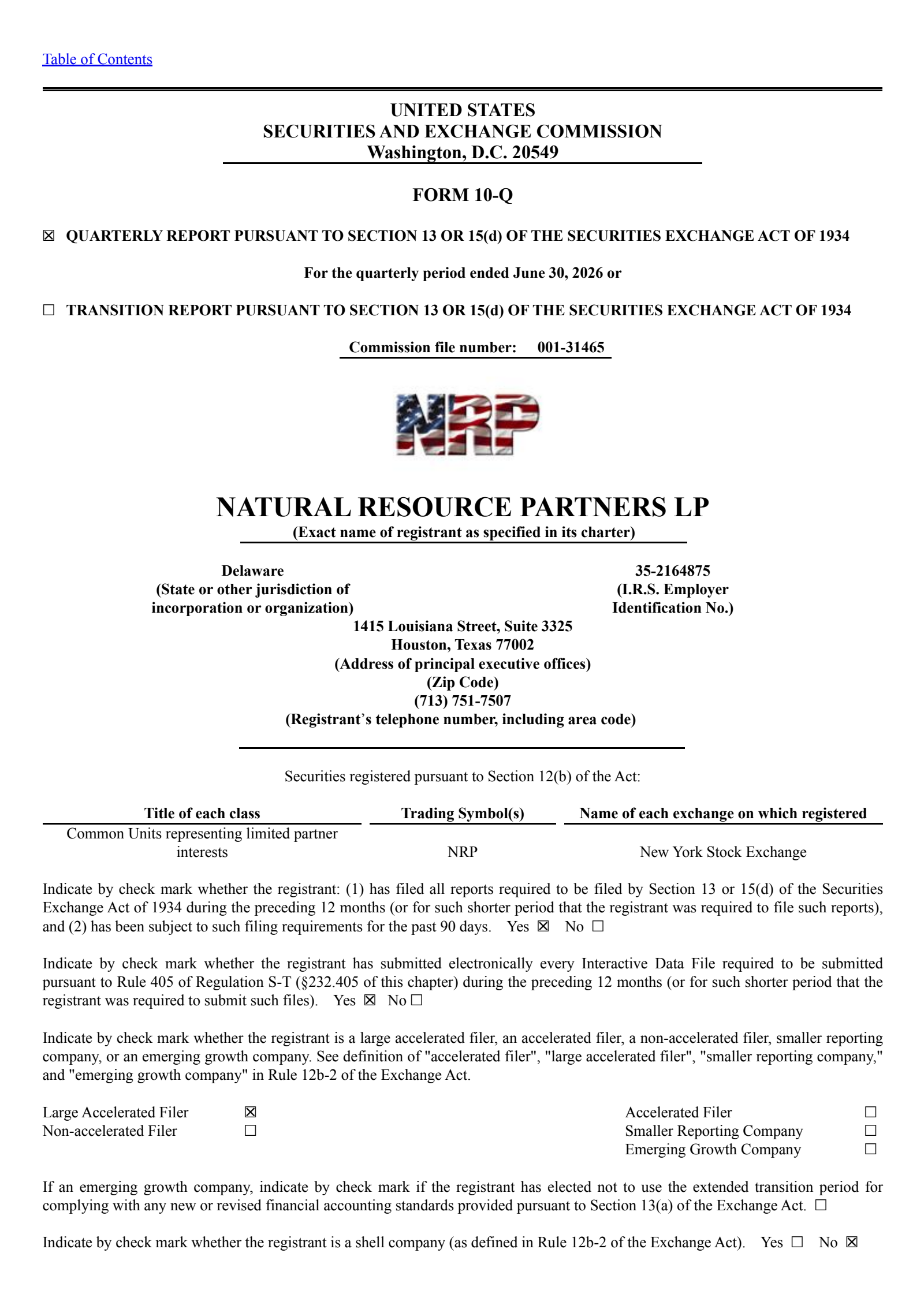 Natural Resource Partners' Q2 2026 Quarterly report