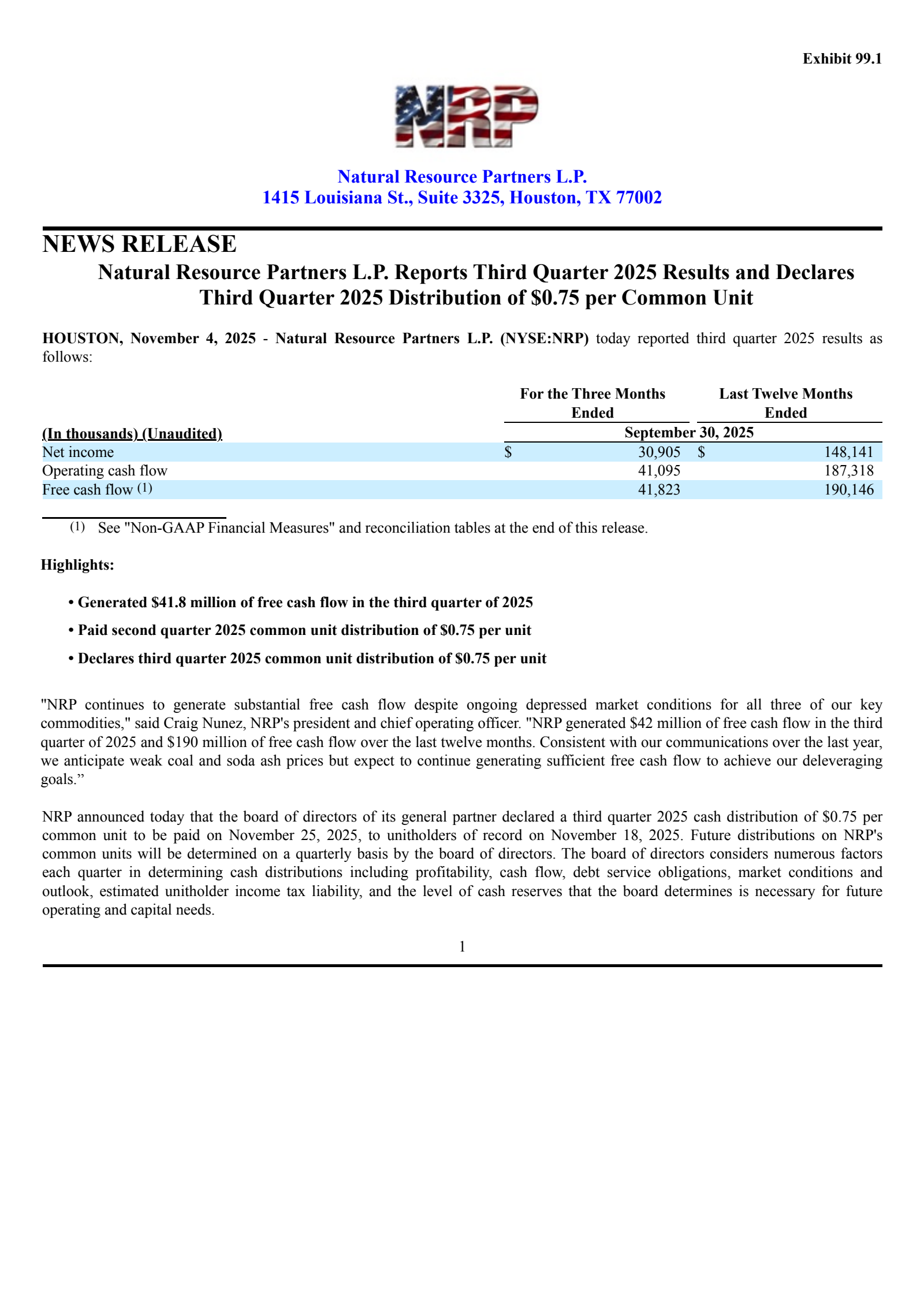 Natural Resource Partners' Q3 2025 Earnings Release