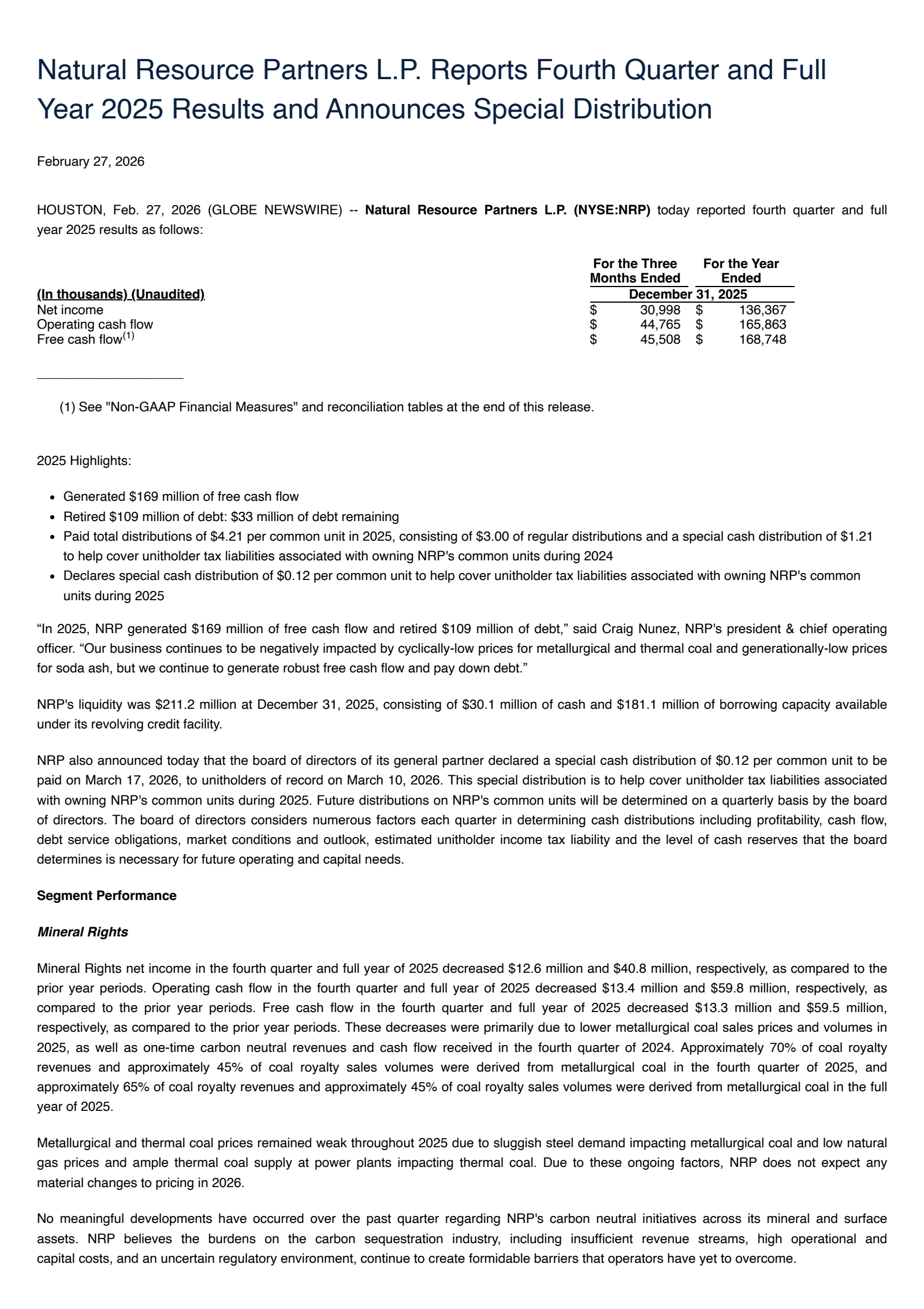 Natural Resource Partners' Q4 2025 Press Release