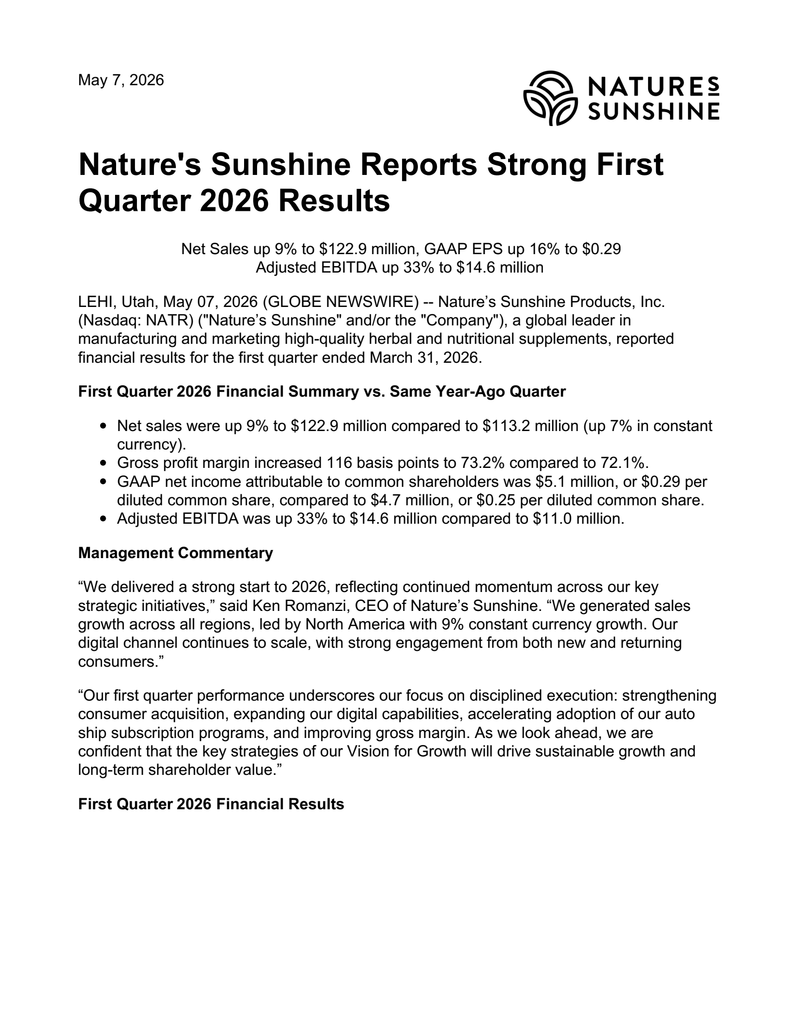 Nature's Sunshine Products' Q1 2026 Press Release