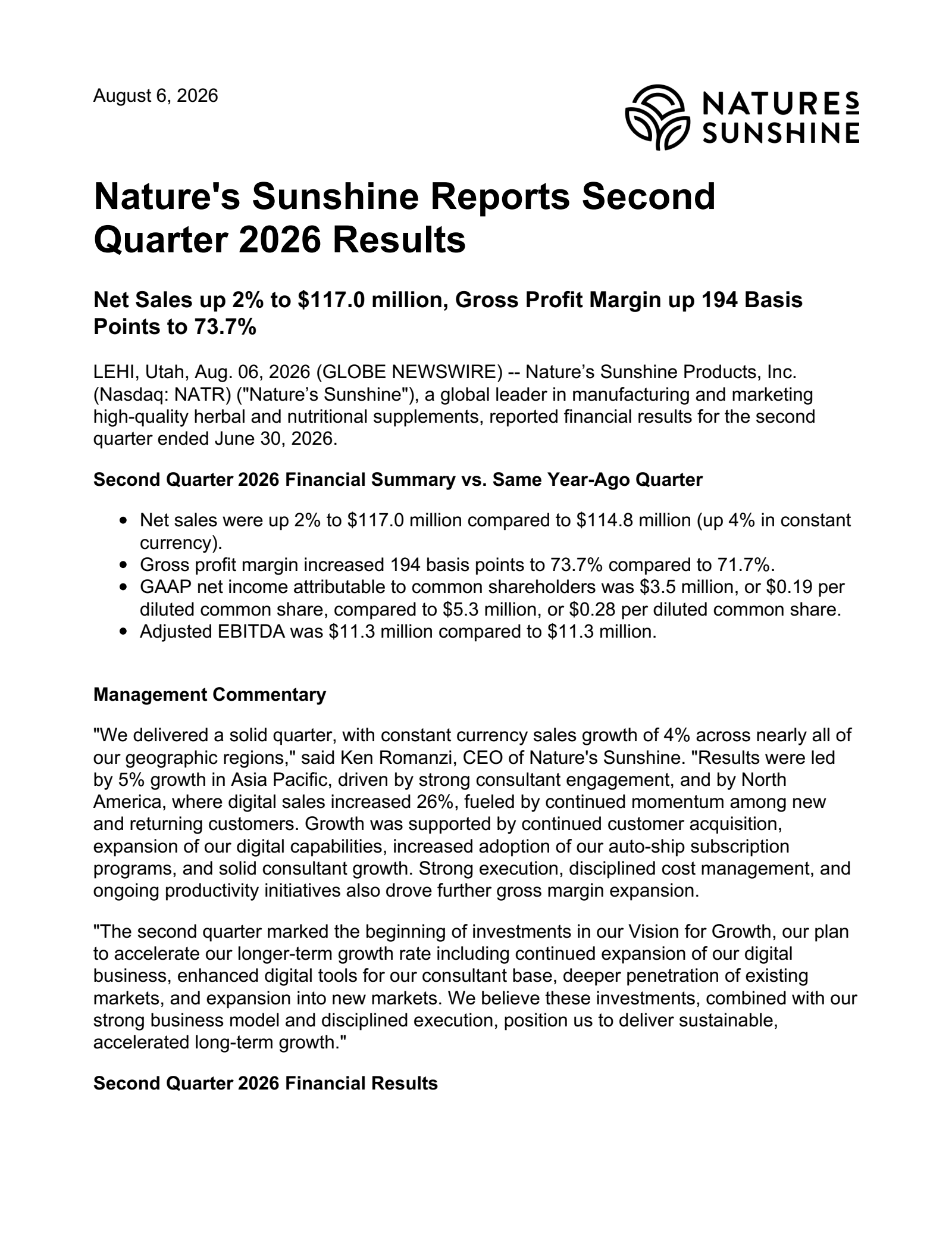 Nature's Sunshine Products' Q2 2026 Press Release