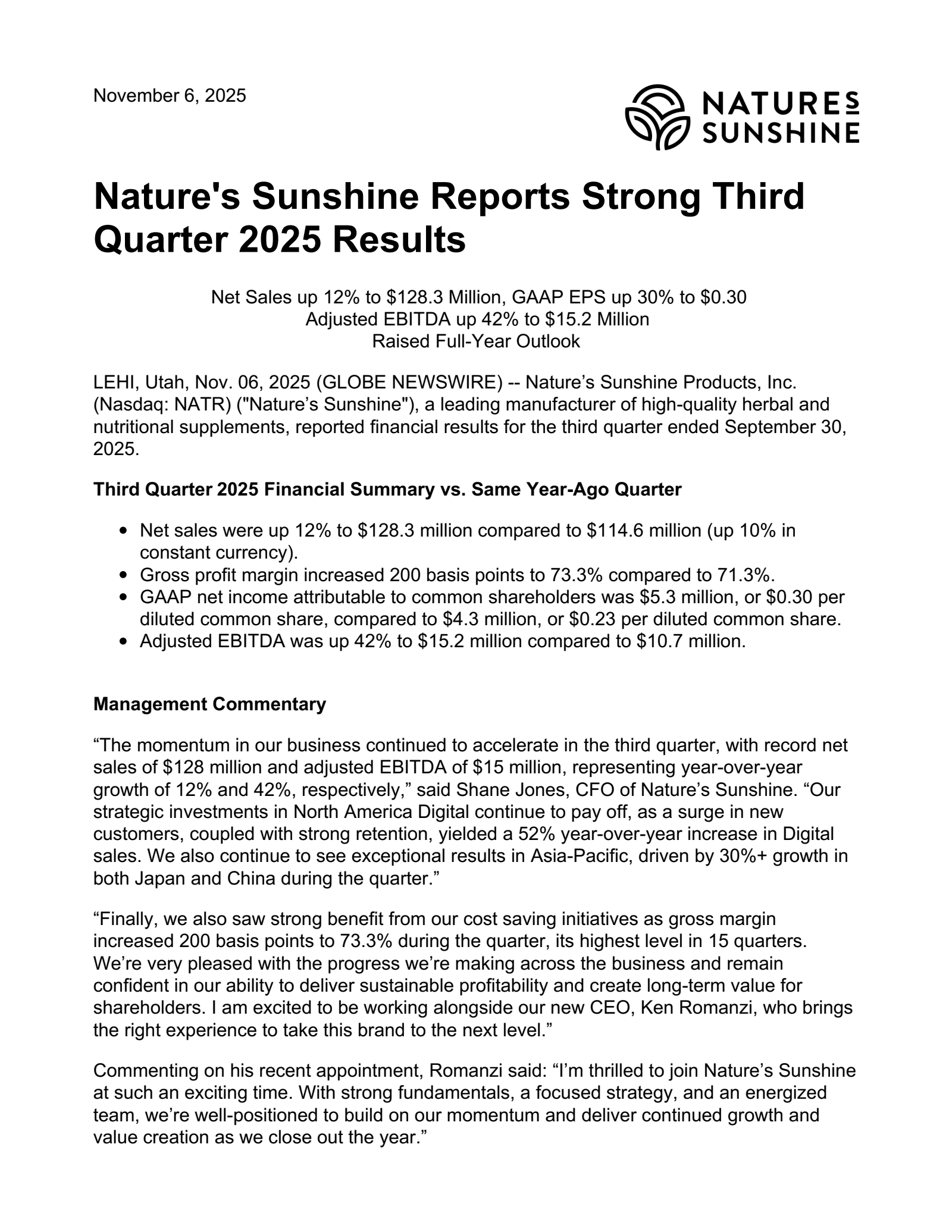Nature's Sunshine Products' Q3 2025 Earnings Release