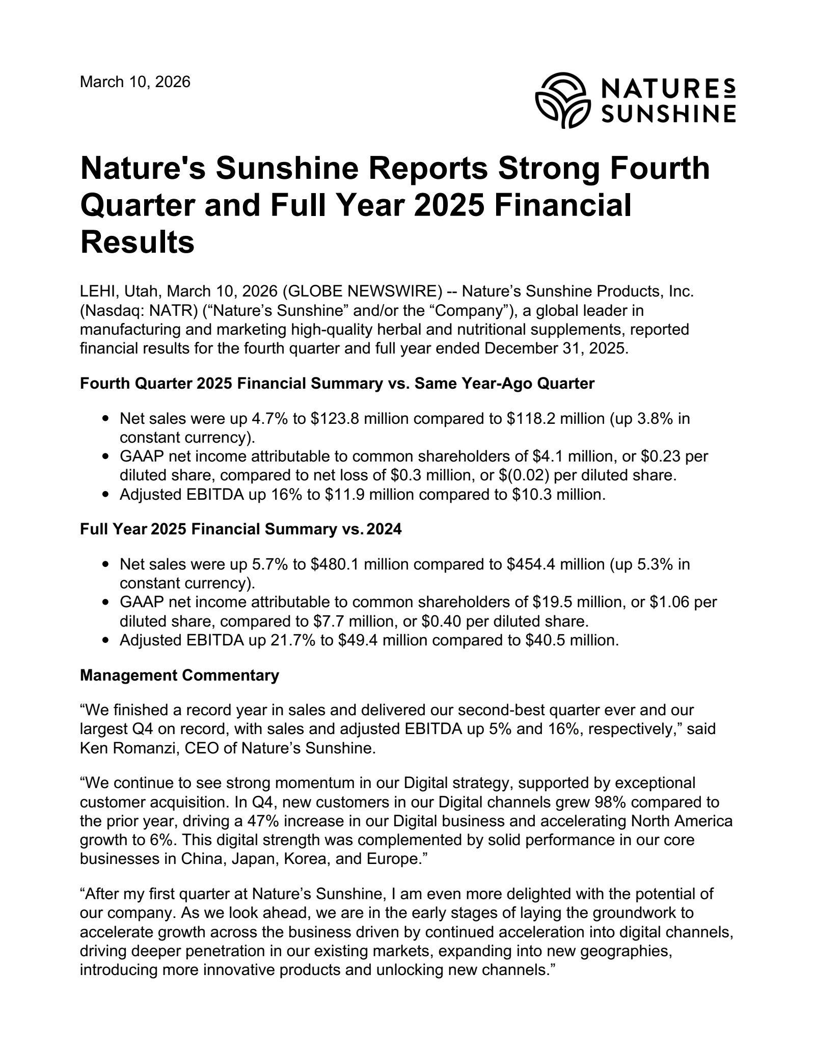 Nature's Sunshine Products' Q4 2025 Press Release