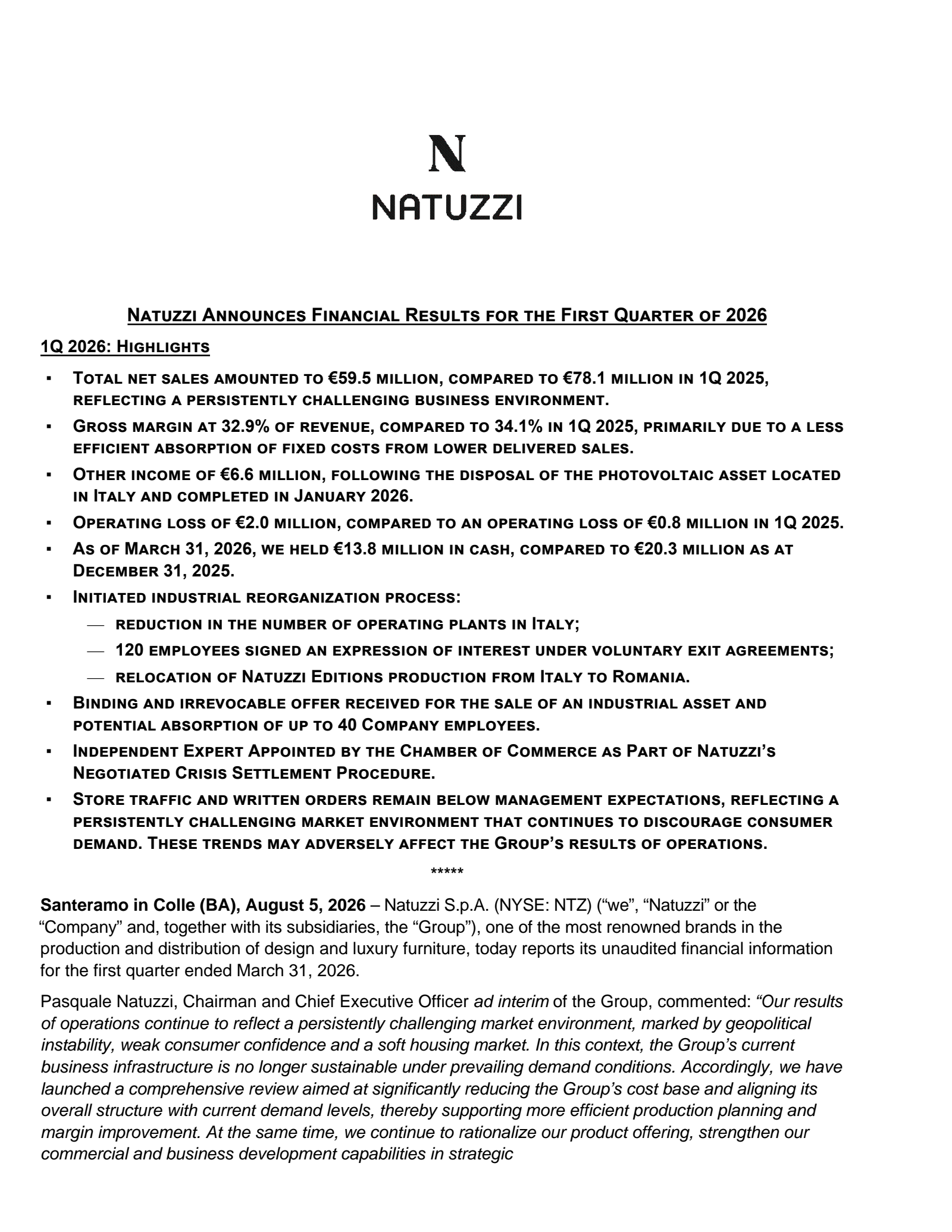 Natuzzi's Q1 2026 Press Release