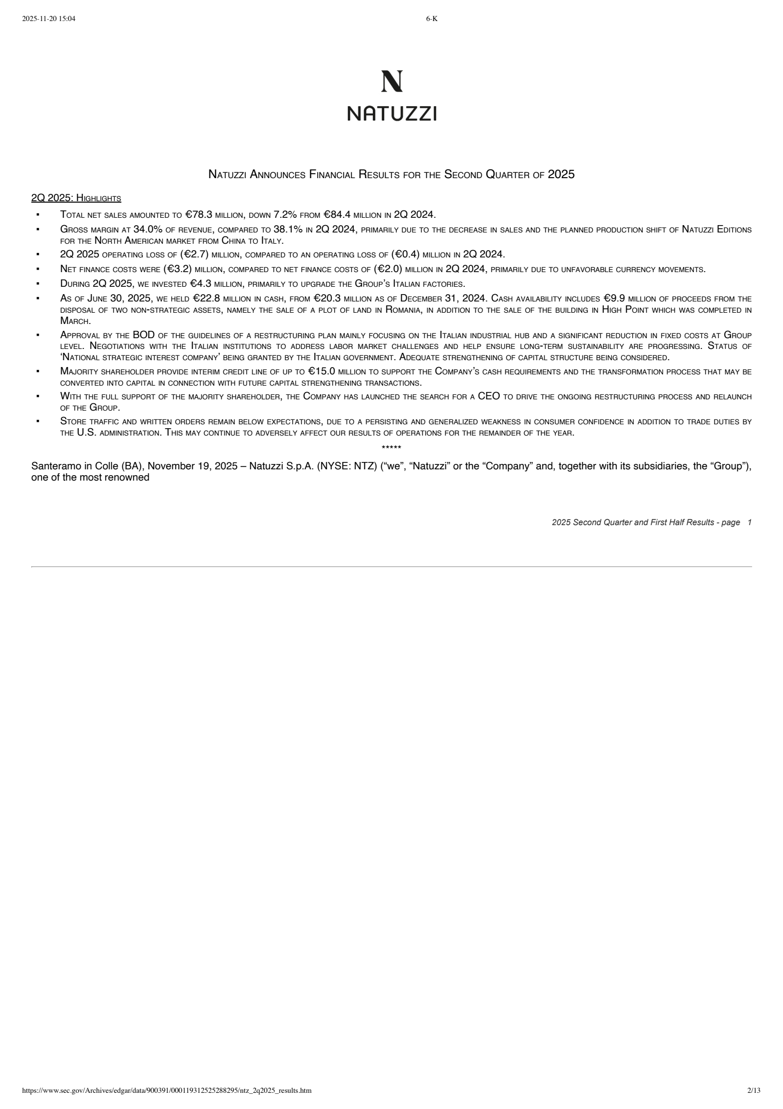 Natuzzi's Q2 2025 Earnings Release