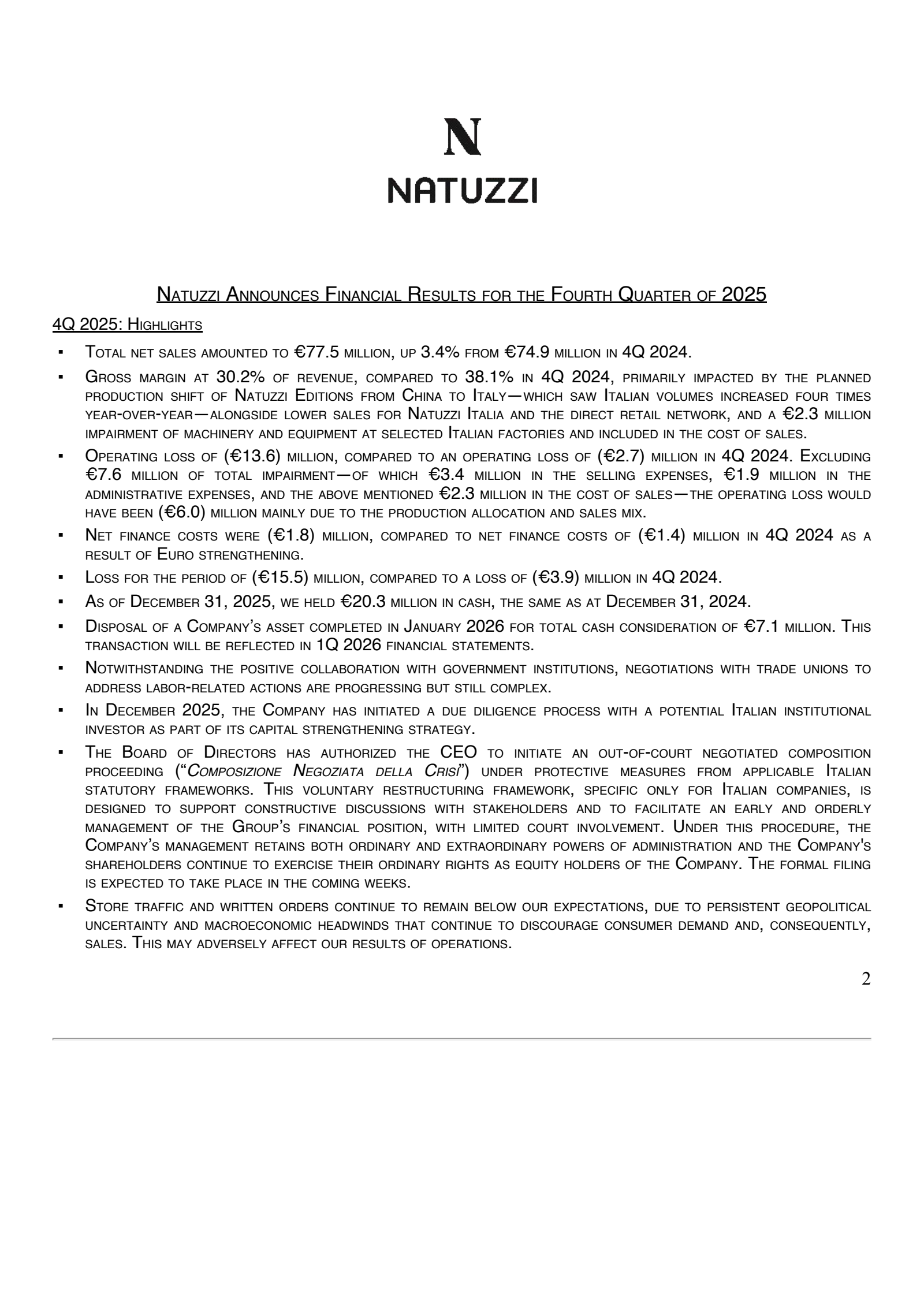 Natuzzi's Q4 2025 Press Release
