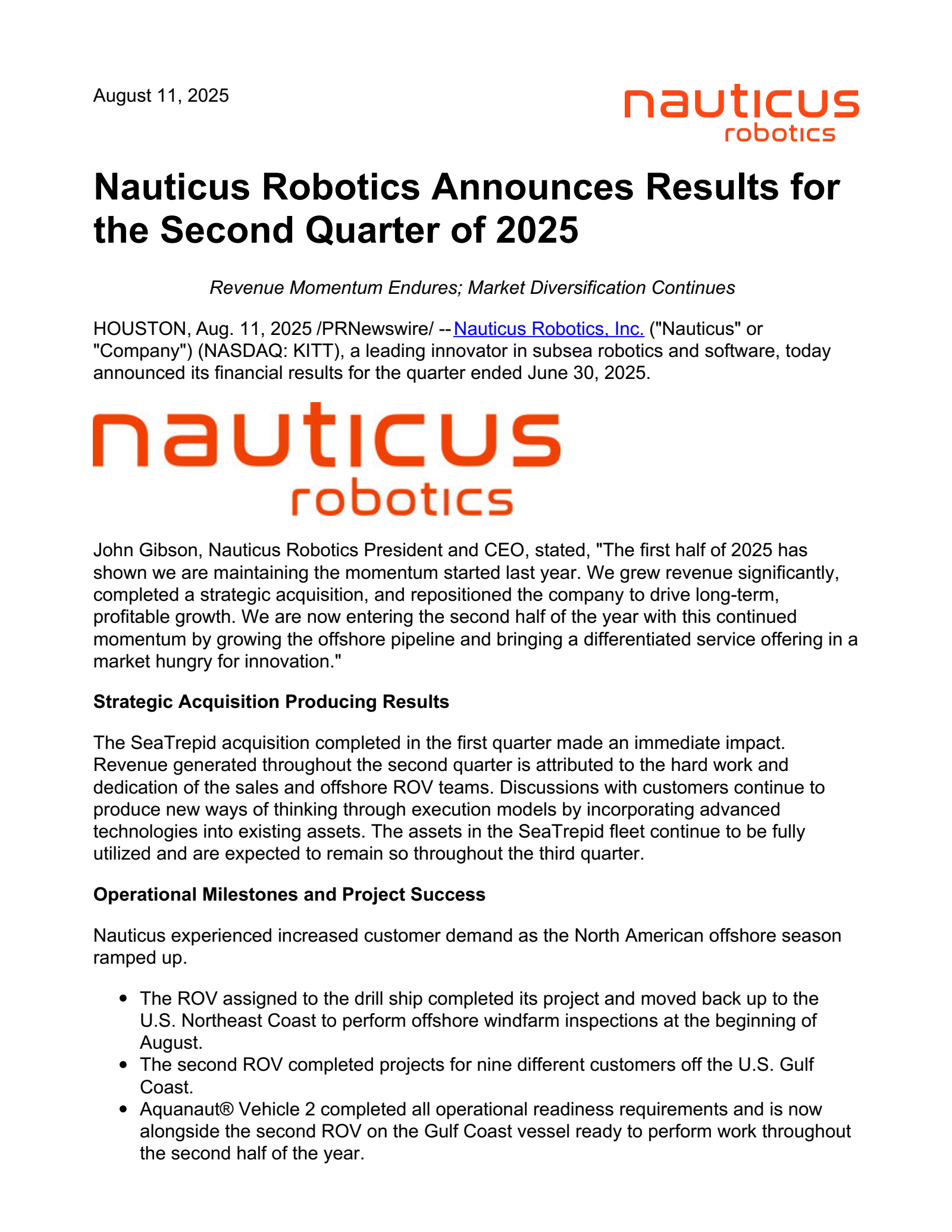 Nauticus Robotics' Q2 2025 Press Release
