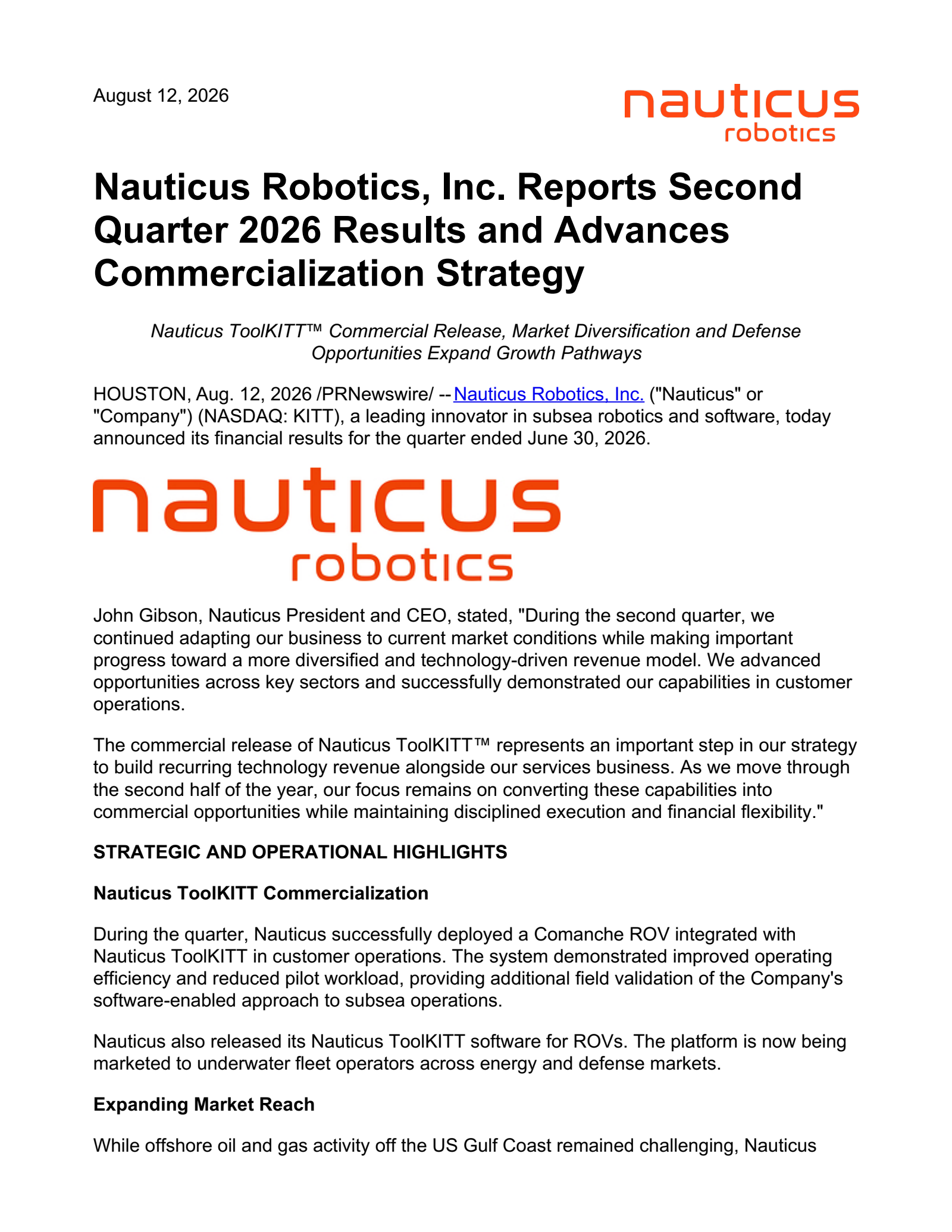 Nauticus Robotics' Q2 2026 Press Release