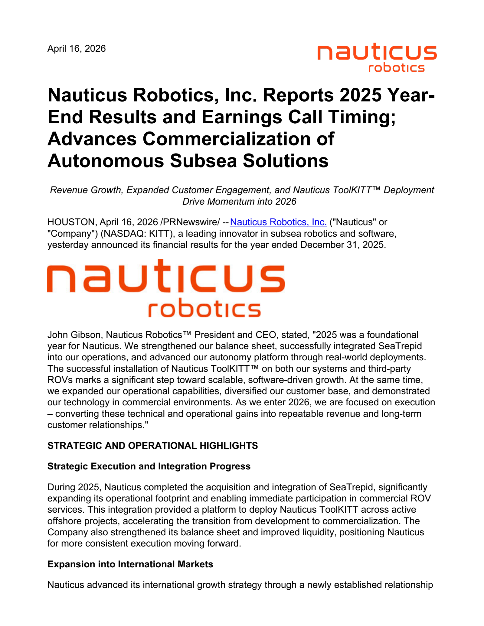 Nauticus Robotics' Q4 2025 Press Release