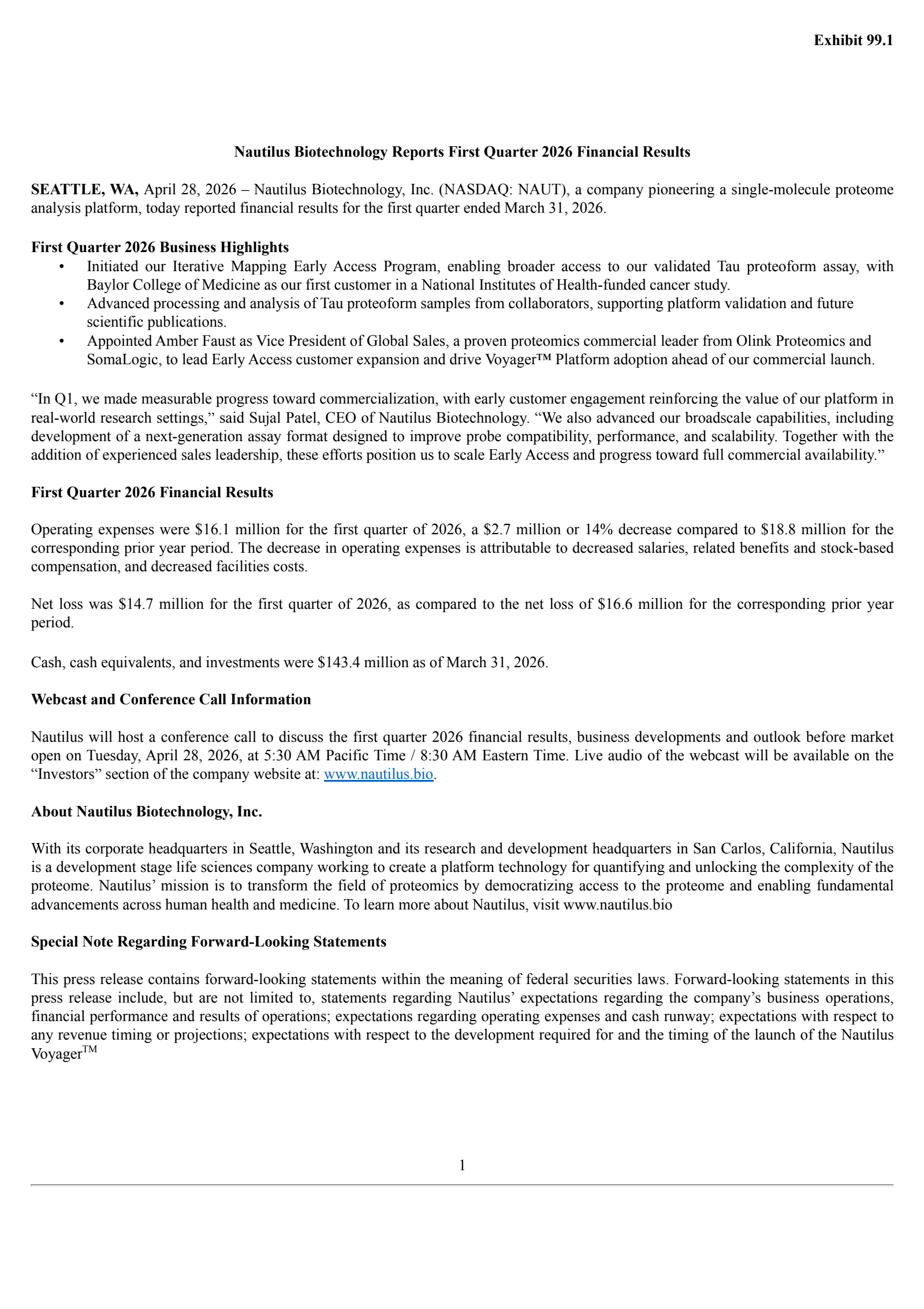 Nautilus Biotechnology's Q1 2026 Press Release