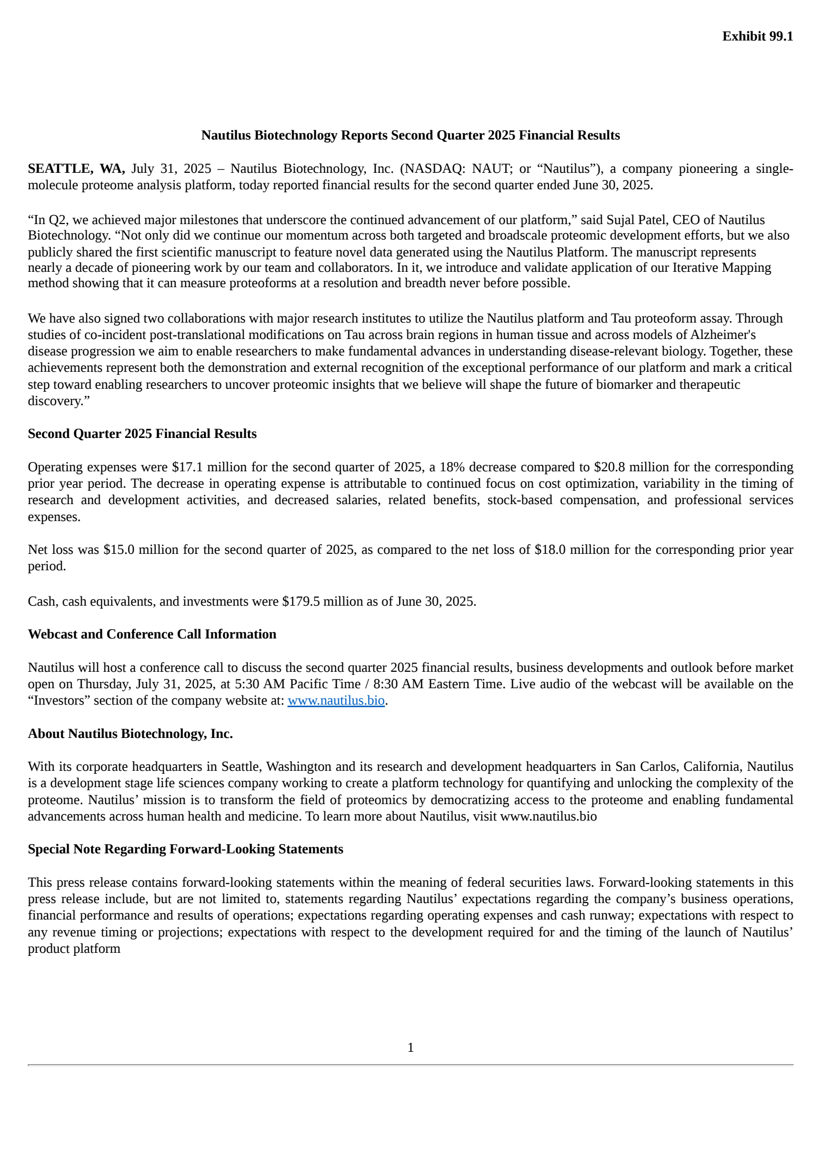 Nautilus Biotechnology's Q2 2025 Press Release