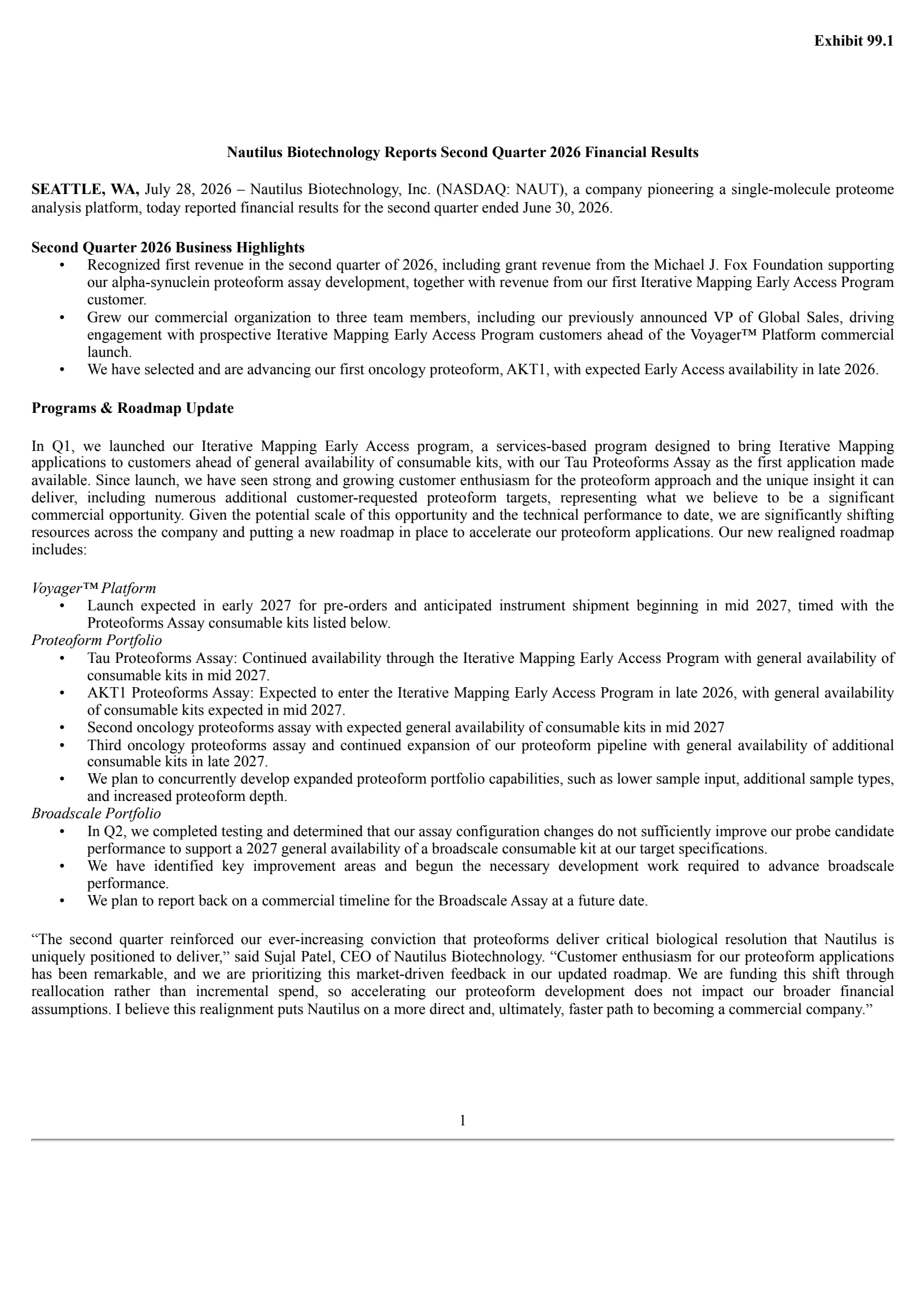 Nautilus Biotechnology's Q2 2026 Press Release