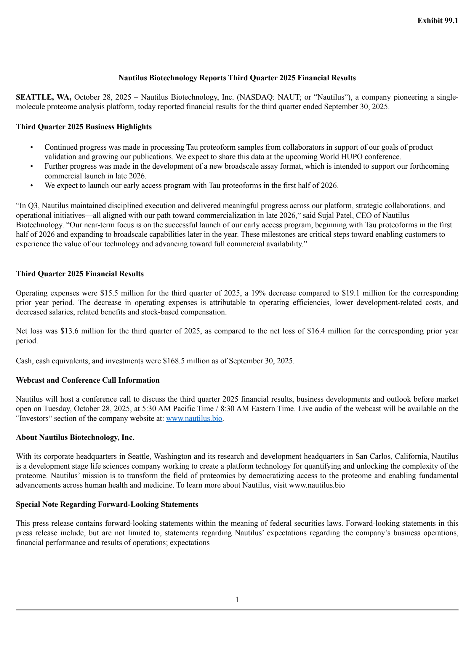 Nautilus Biotechnology's Q3 2025 Earnings Release