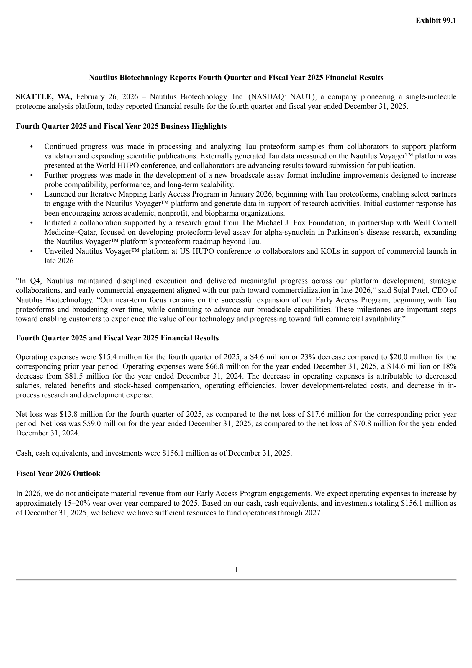 Nautilus Biotechnology's Q4 2025 Press Release