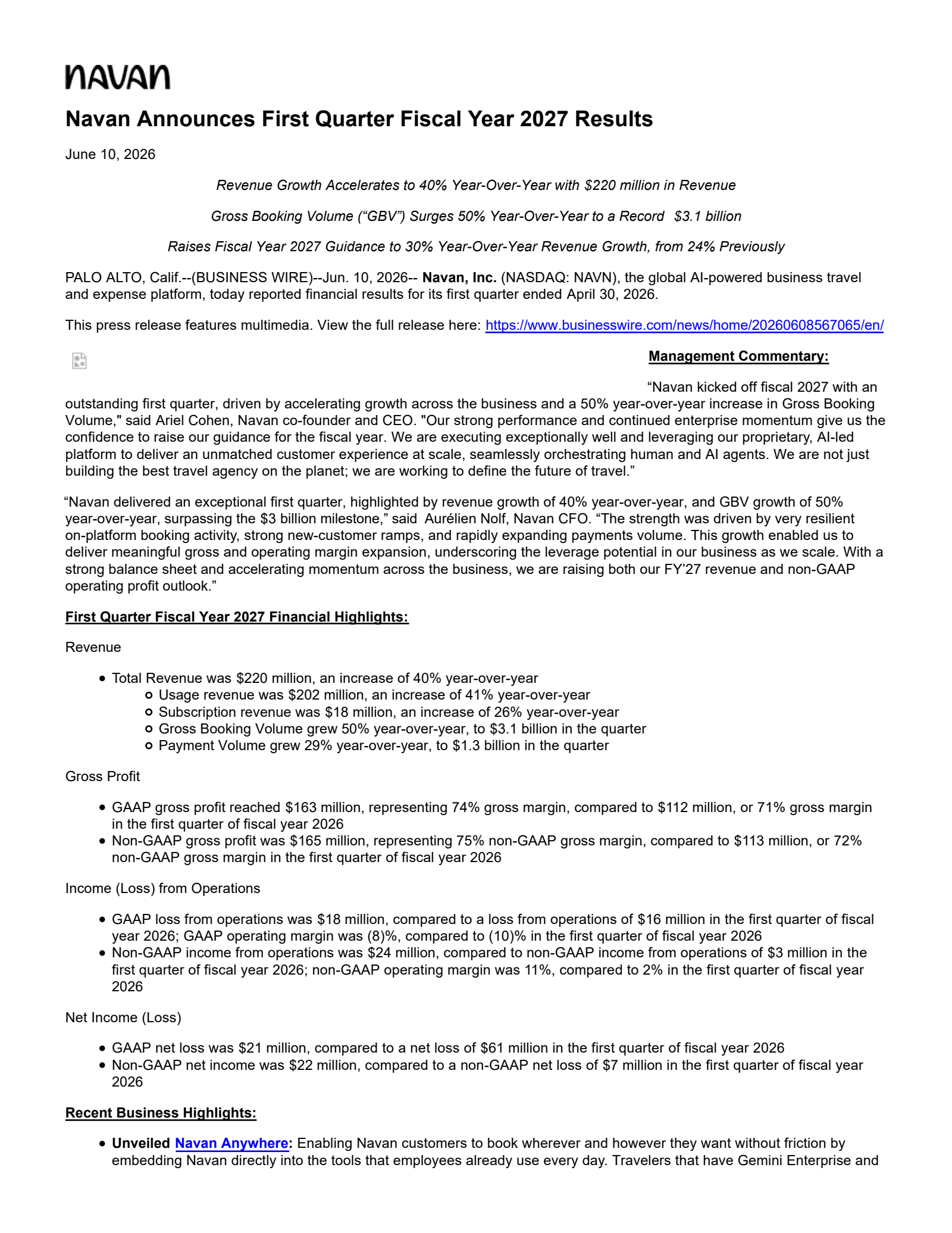 Navan's Q1 2027 Press Release