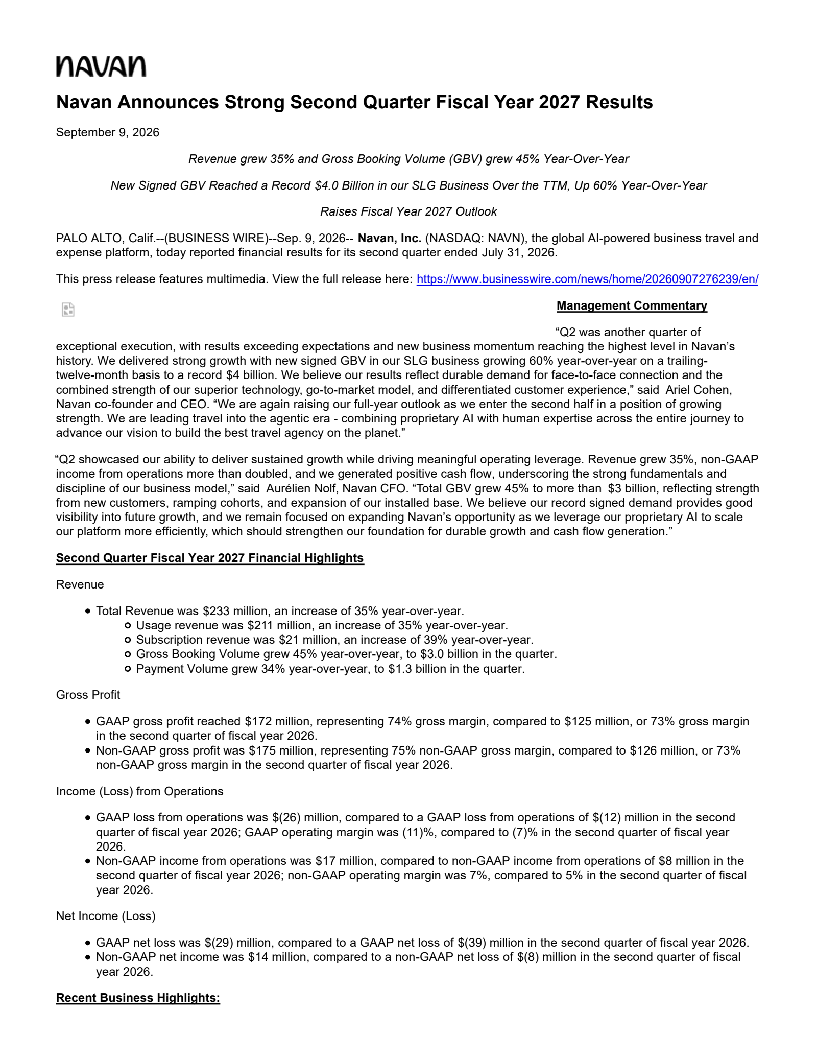 Navan's Q2 2027 Press Release