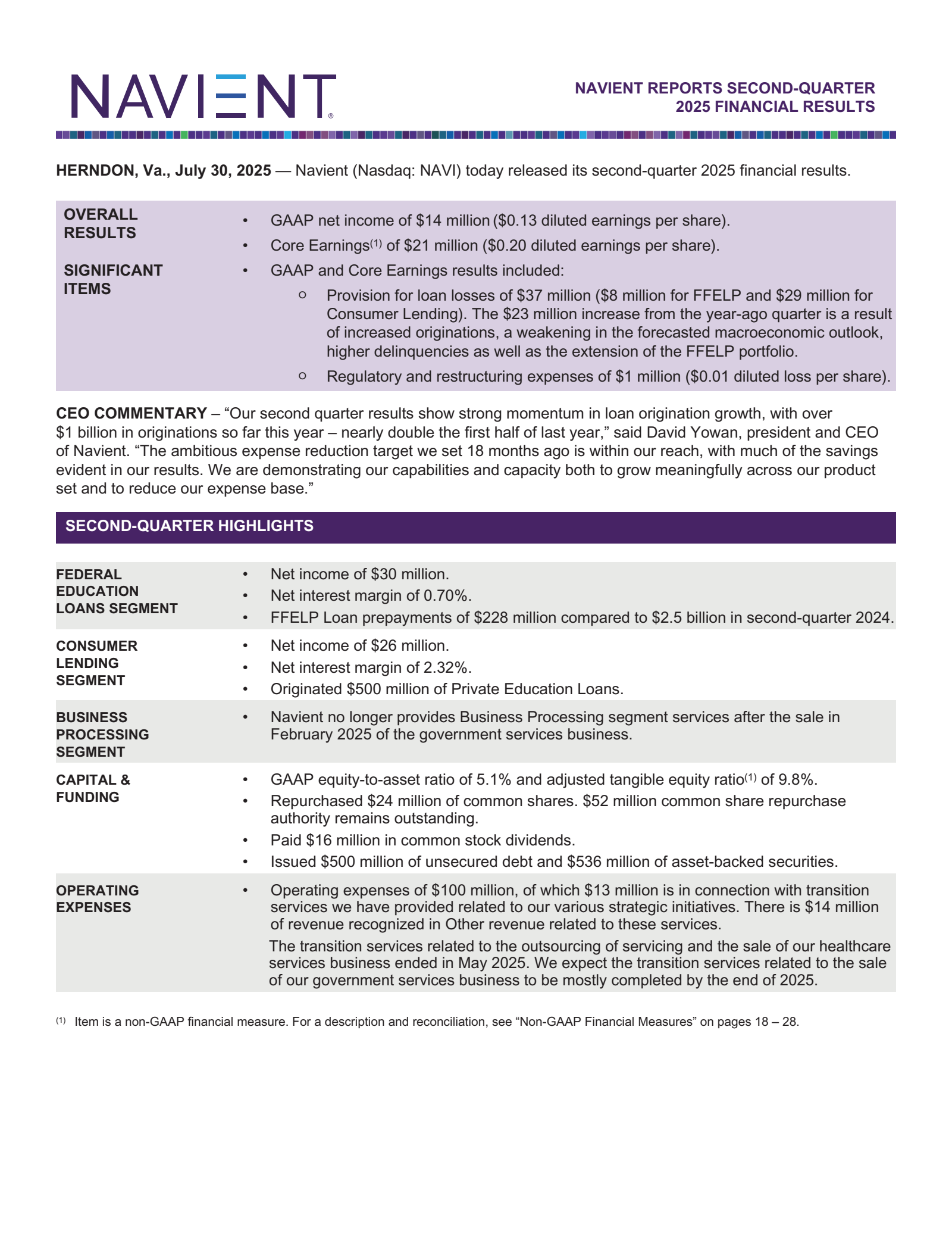 Navient Co. SR NT 6% 121543's Q2 2025 Press Release
