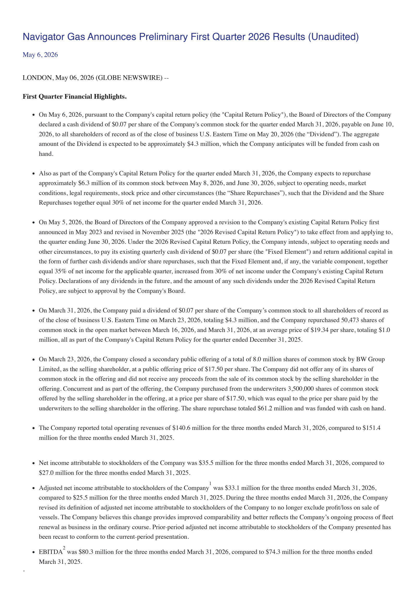 Navigator's Q1 2026 Press Release