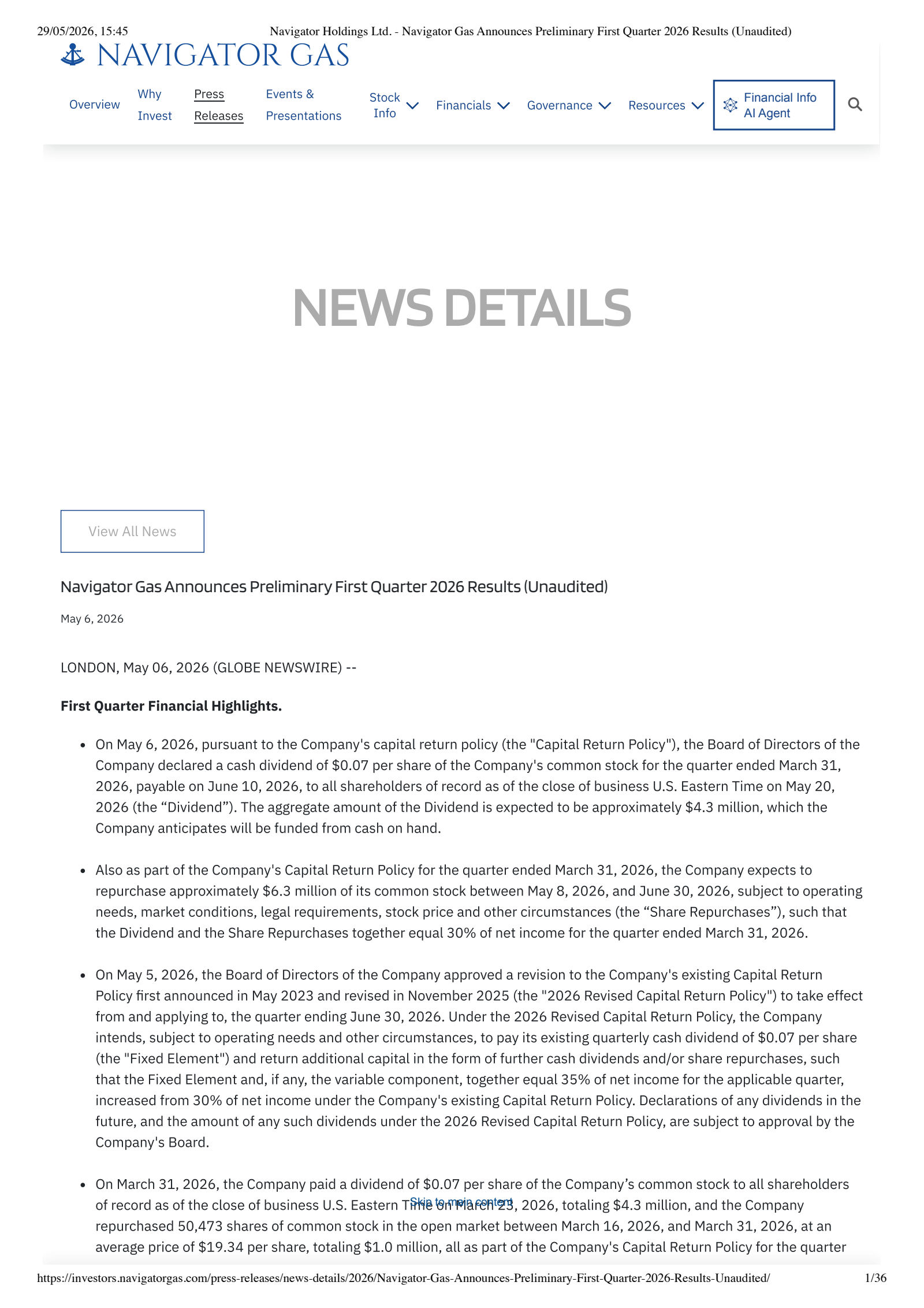 Navigator's Q1 2026 Press Release