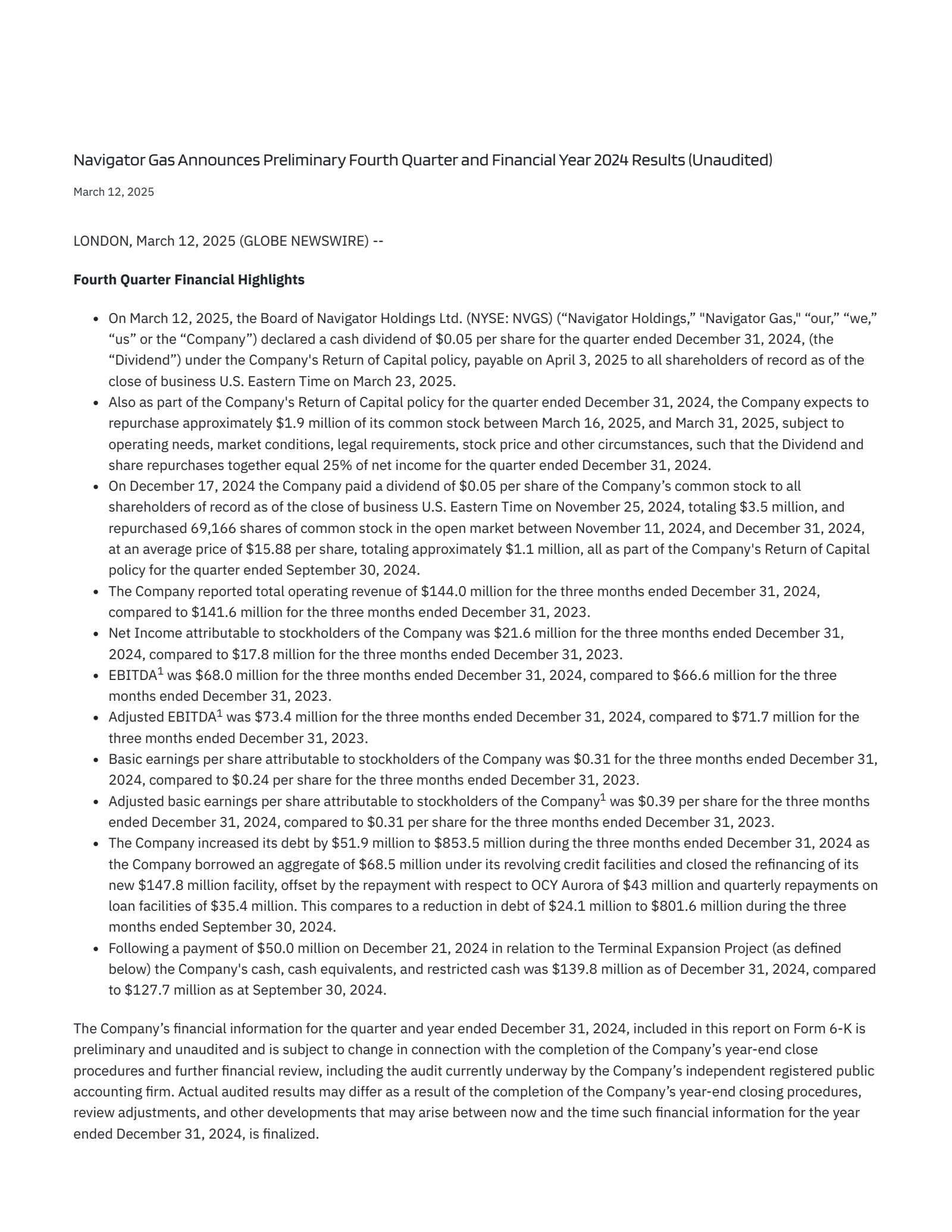 Navigator's Q4 2024 Press Release