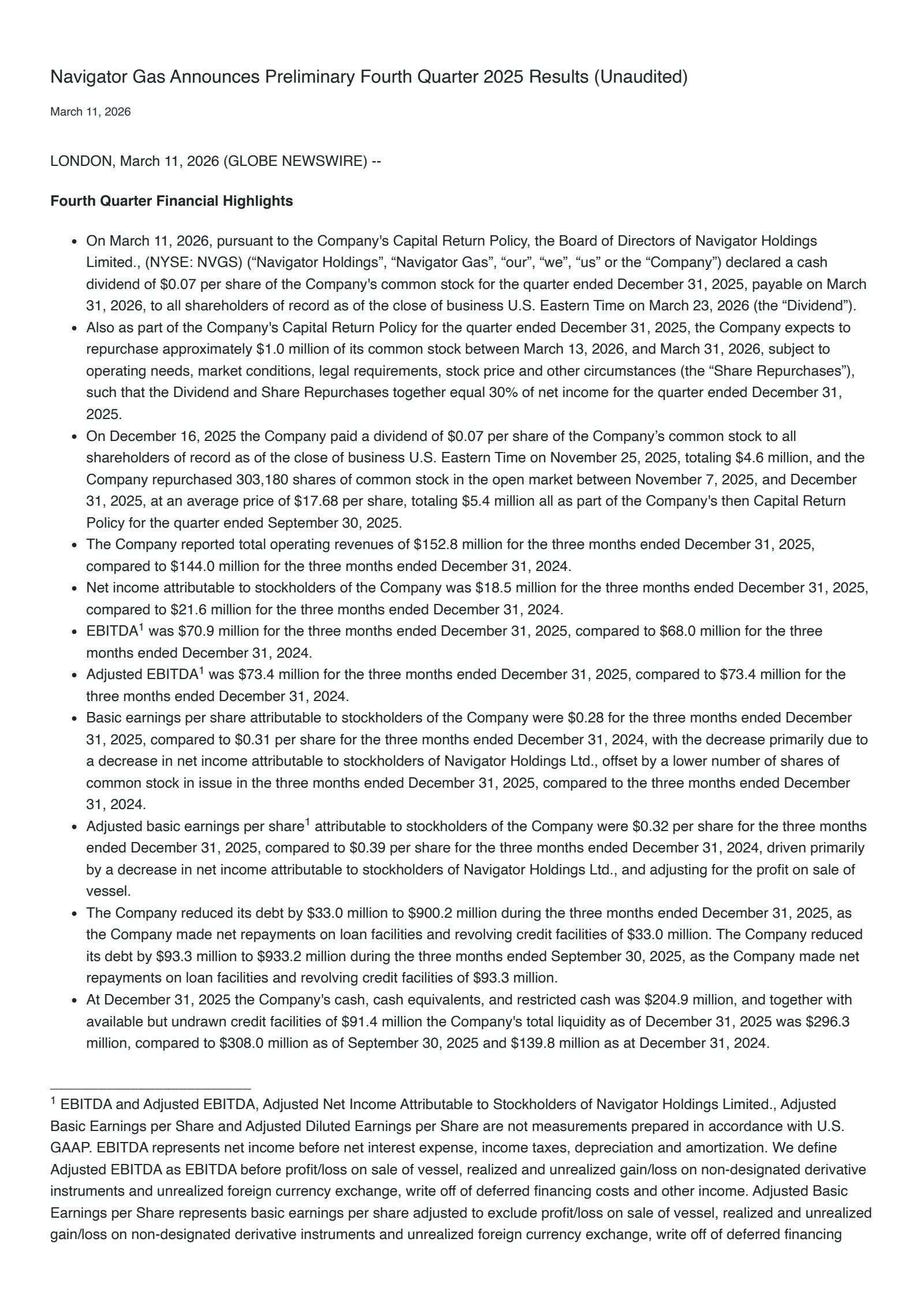 Navigator's Q4 2025 Press Release