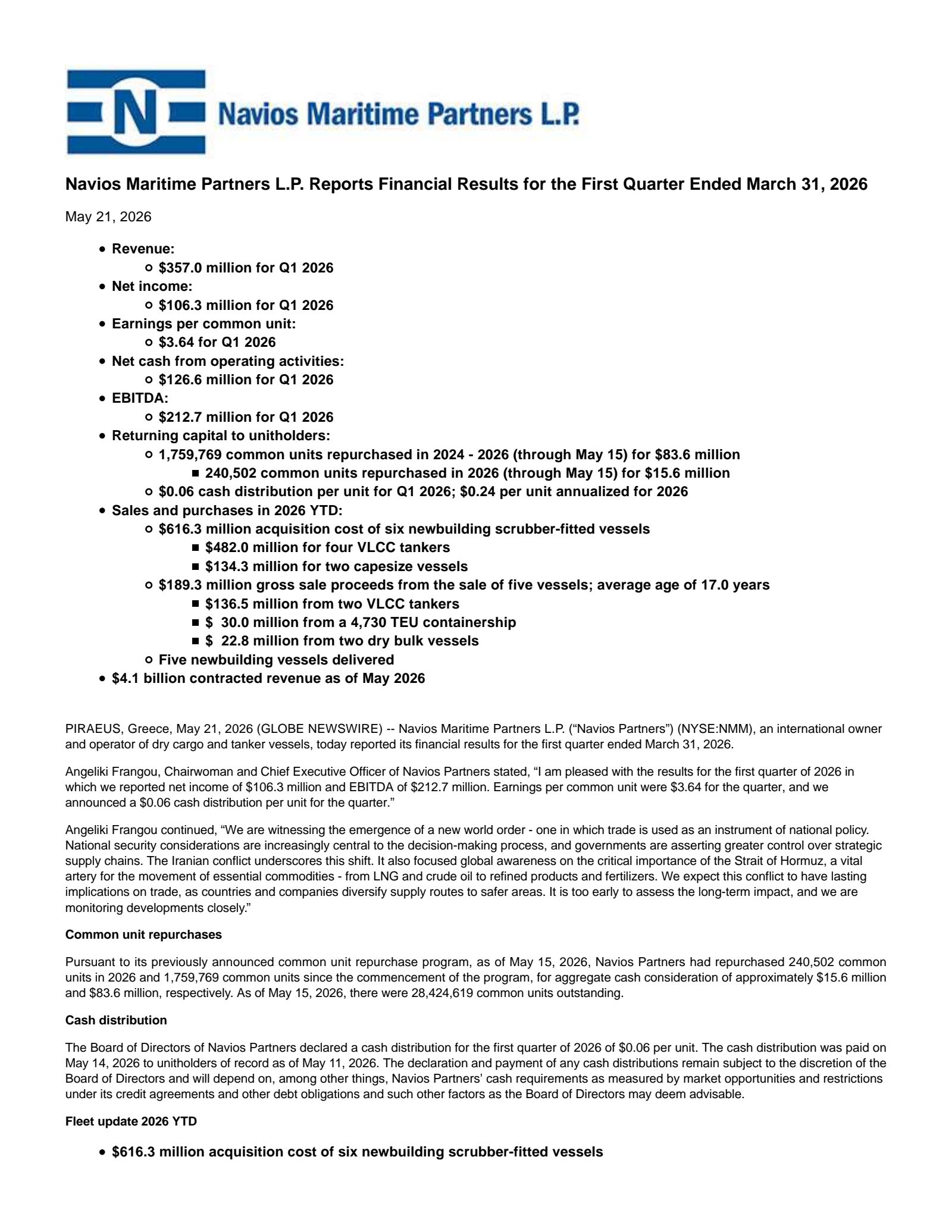 Navios Maritime Partners' Q1 2026 Press Release