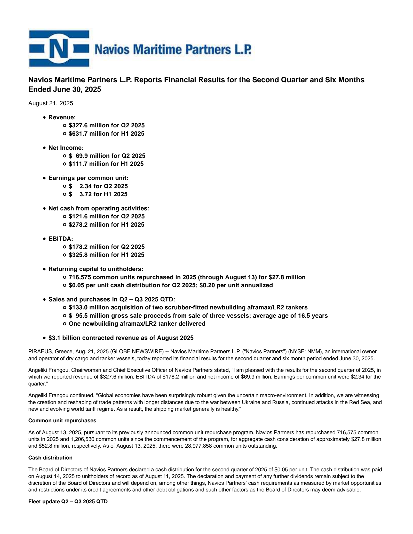Navios Maritime Partners' Q2 2025 Press Release