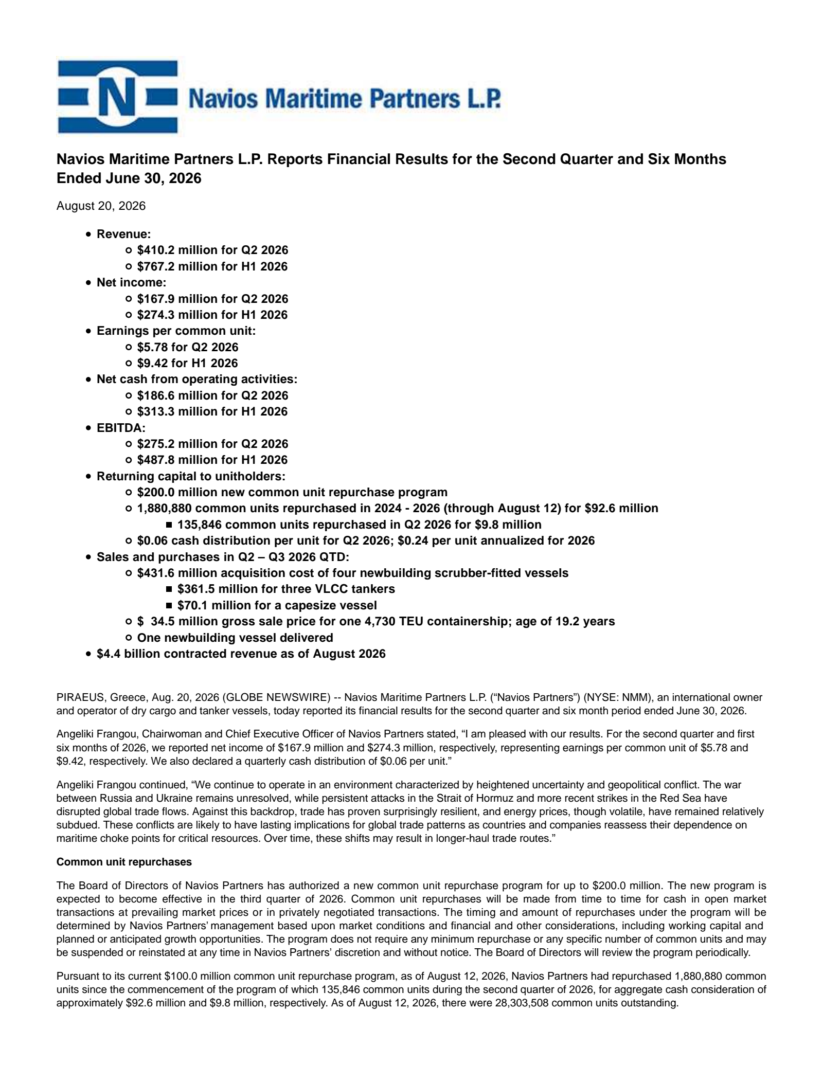 Navios Maritime Partners' Q2 2026 Press Release