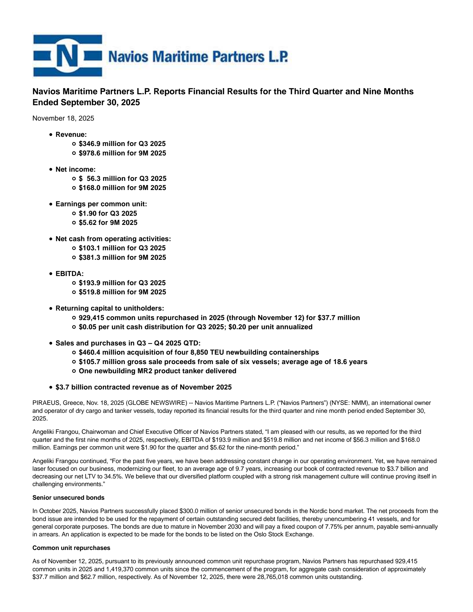 Navios Maritime Partners' Q3 2025 Earnings Release