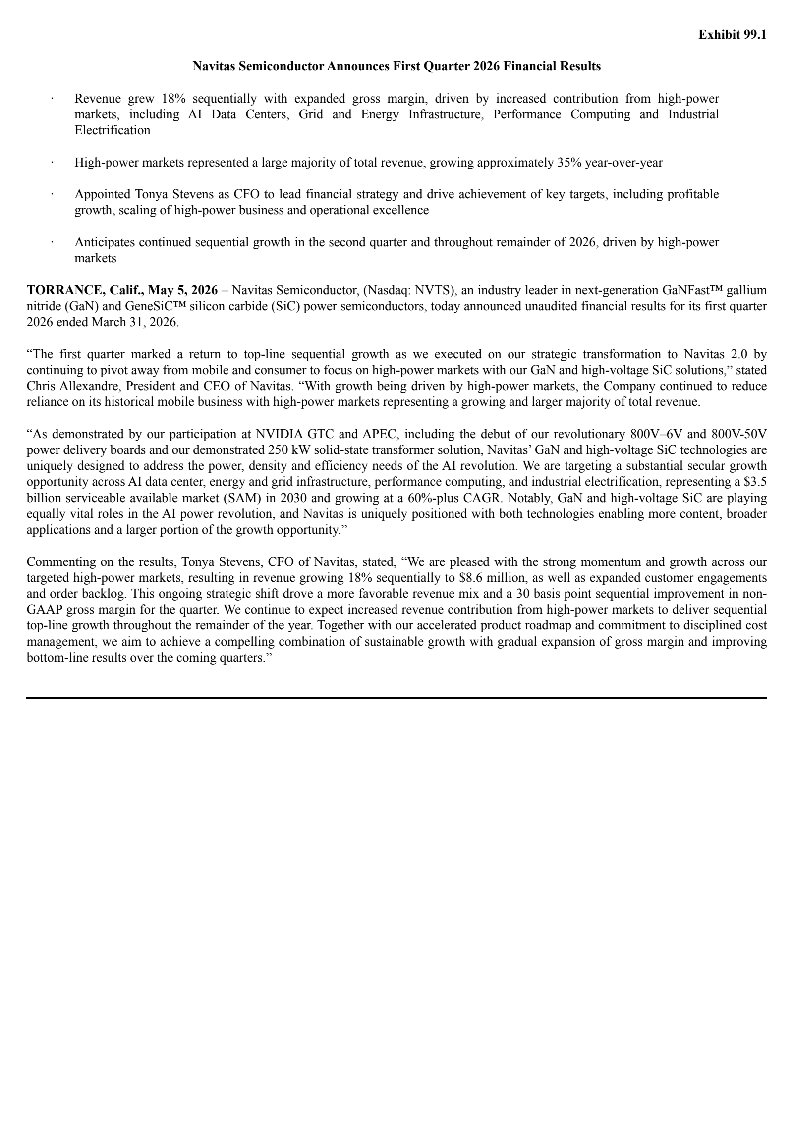 Navitas Semiconductor's Q1 2026 Press Release