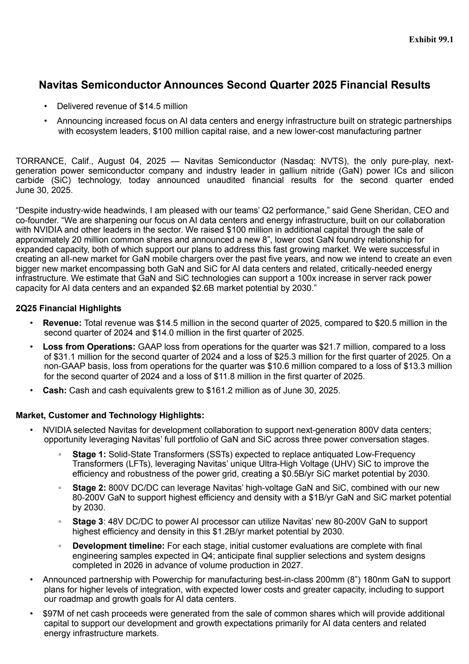 Navitas Semiconductor's Q2 2025 Press Release