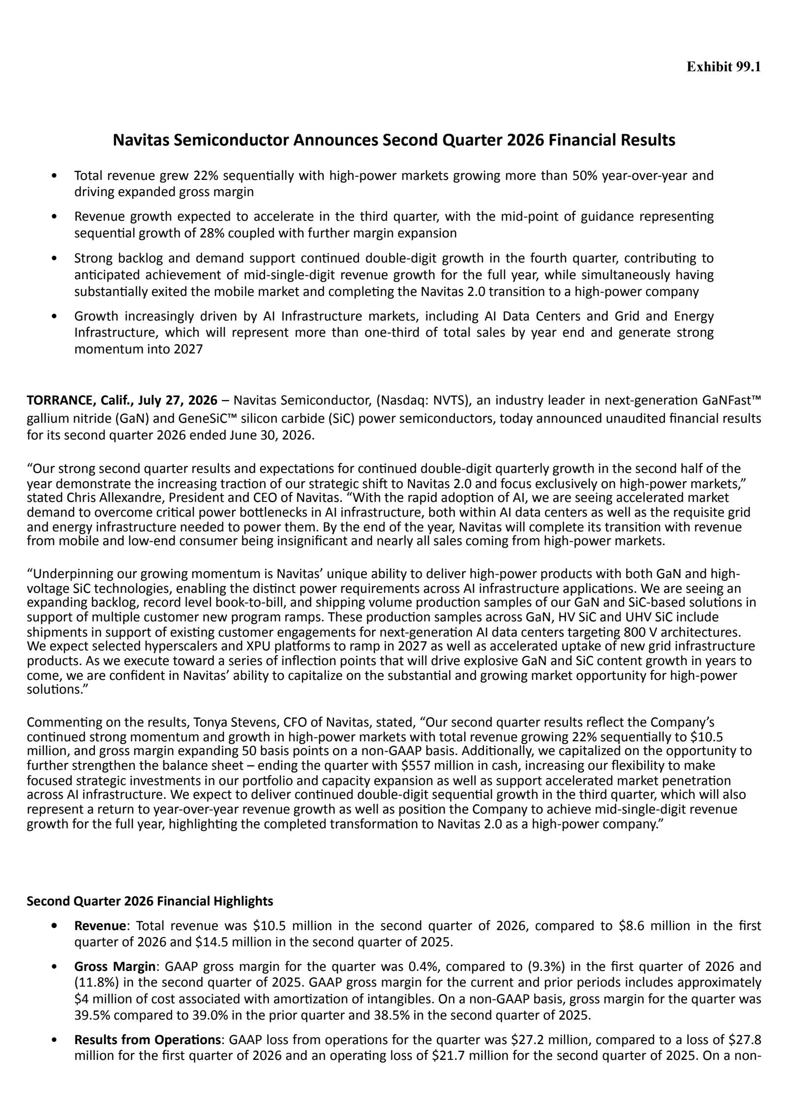 Navitas Semiconductor's Q2 2026 Press Release