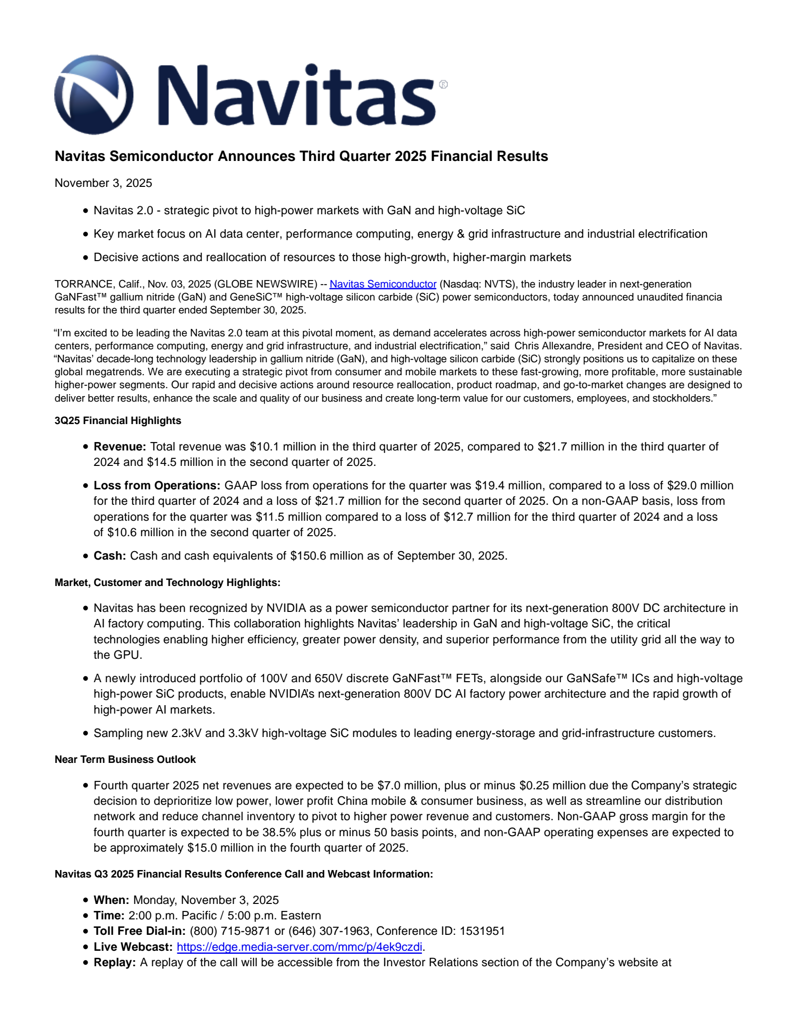 Navitas Semiconductor's Q3 2025 Earnings Release
