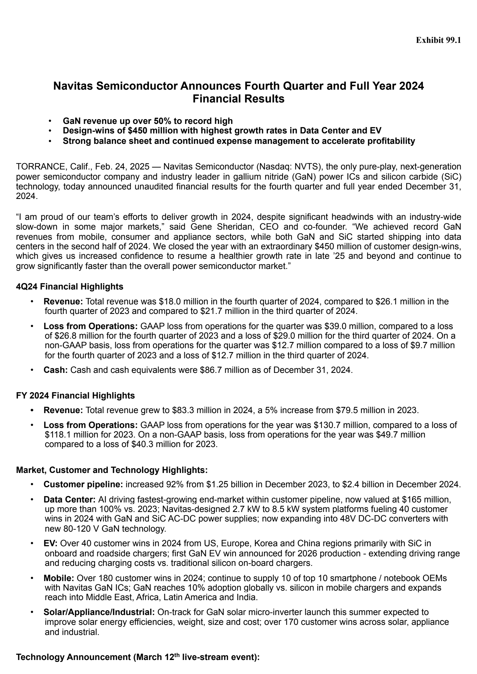 Navitas Semiconductor's Q4 2024 Press Release