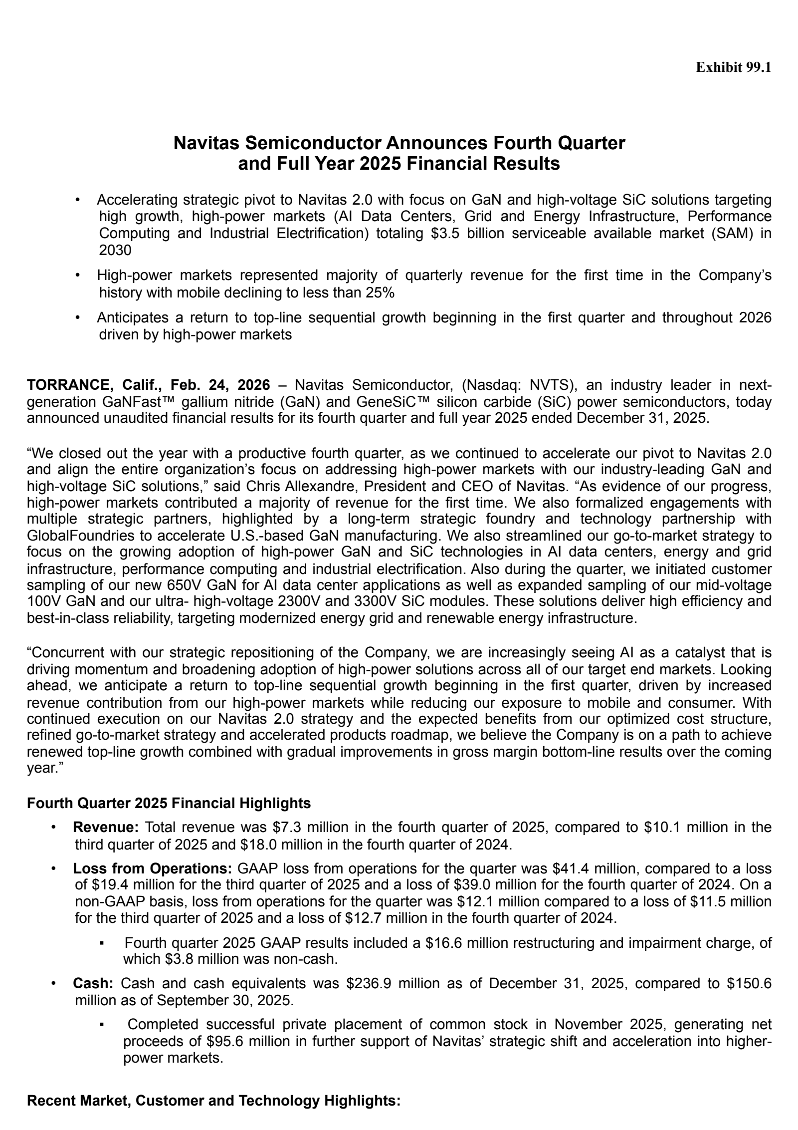 Navitas Semiconductor's Q4 2025 Press Release