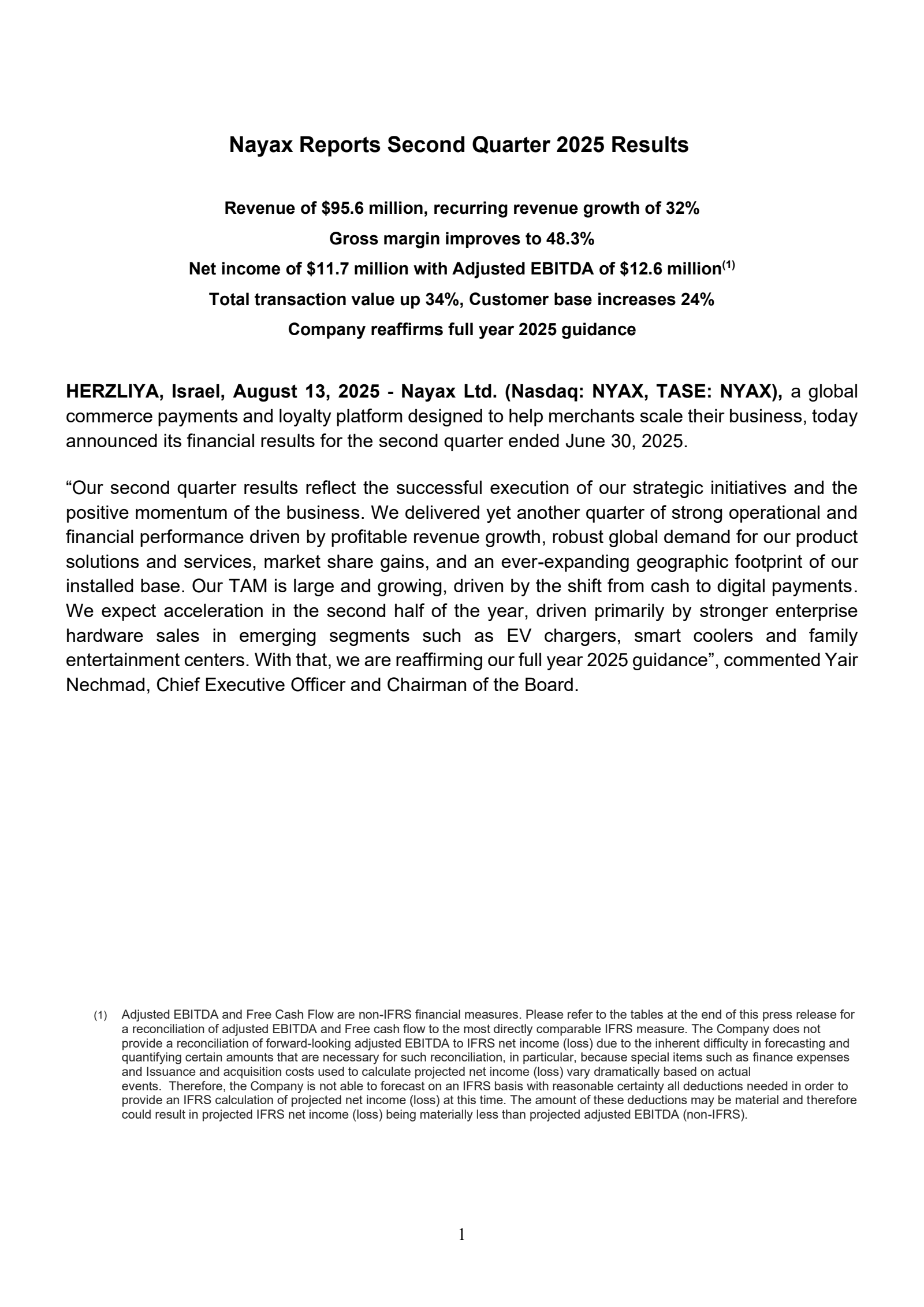 Nayax's Q2 2025 Press Release