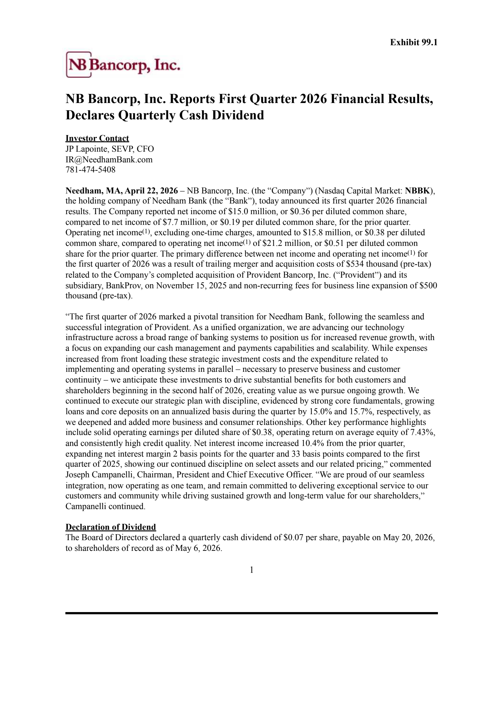 NB Bancorp's Q1 2026 Press Release