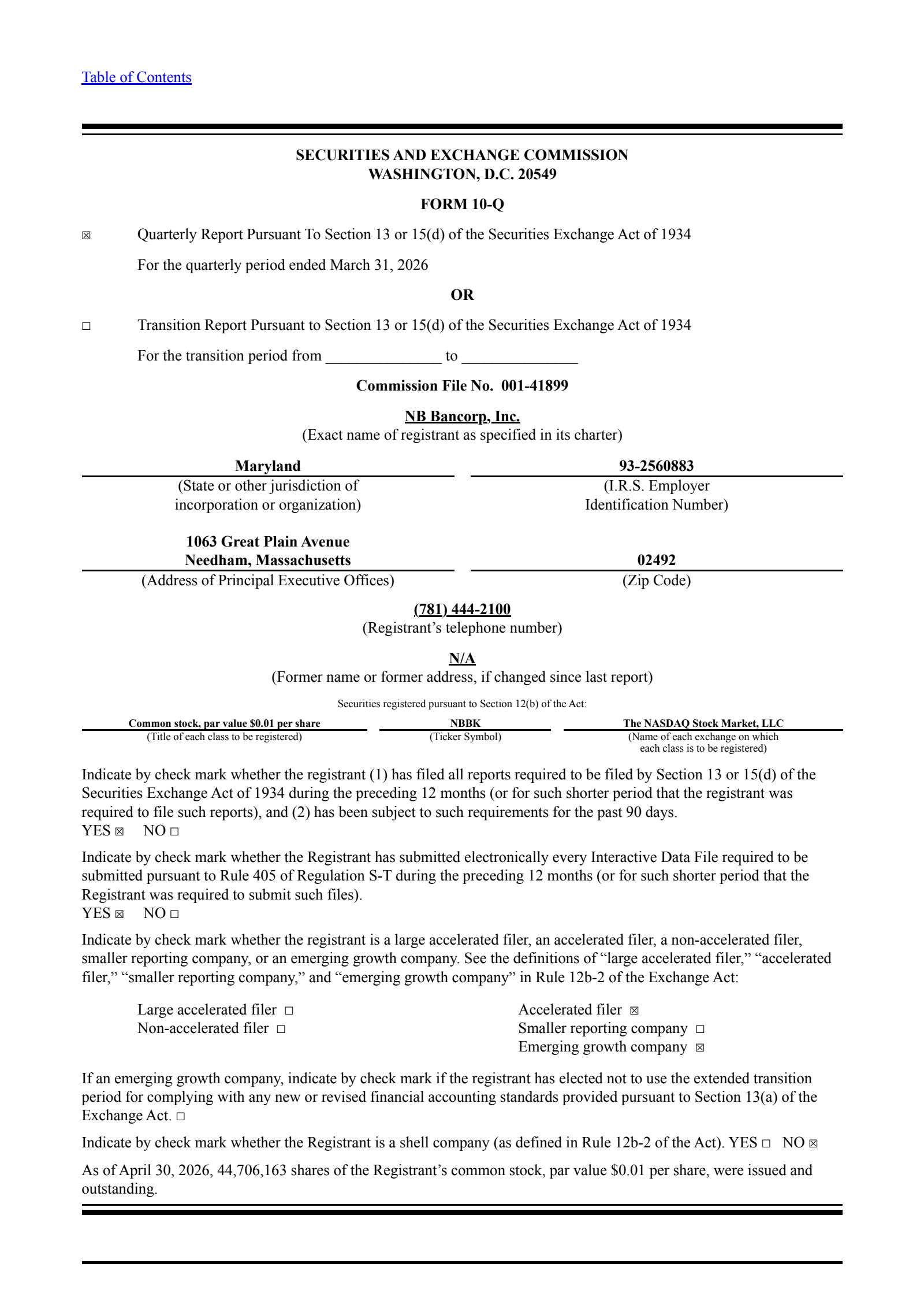 NB Bancorp's Q1 2026 Quarterly report
