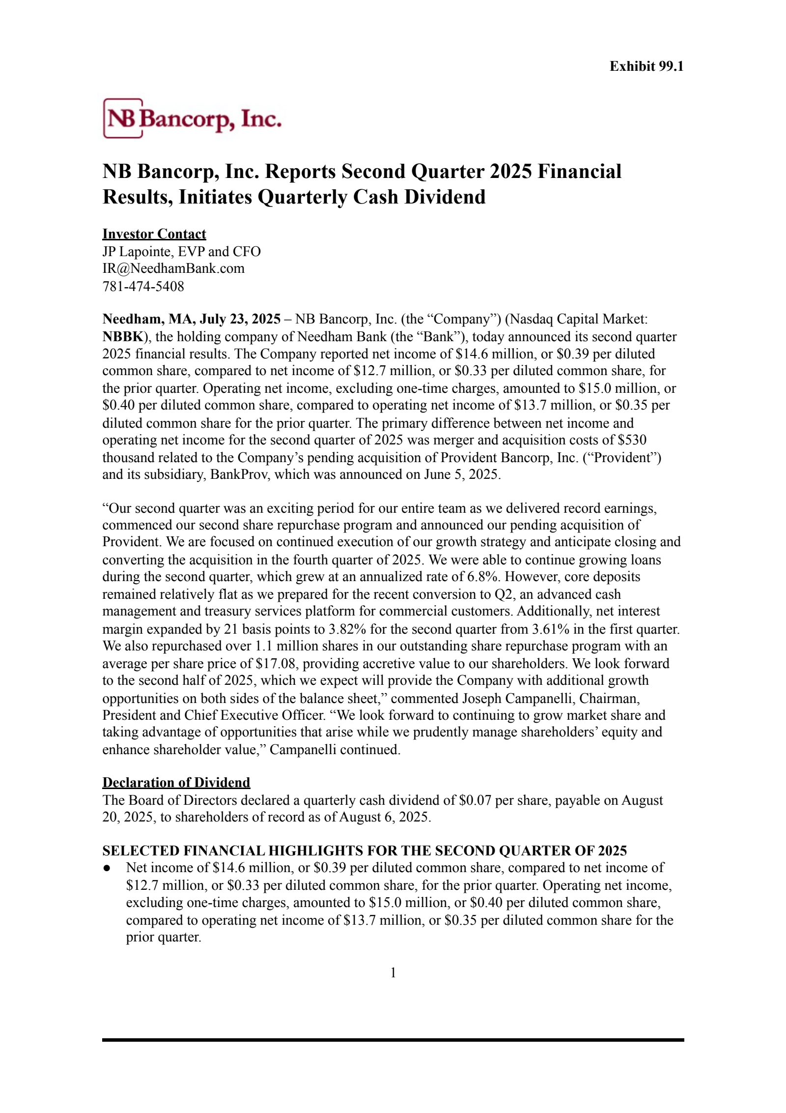 NB Bancorp's Q2 2025 Press Release