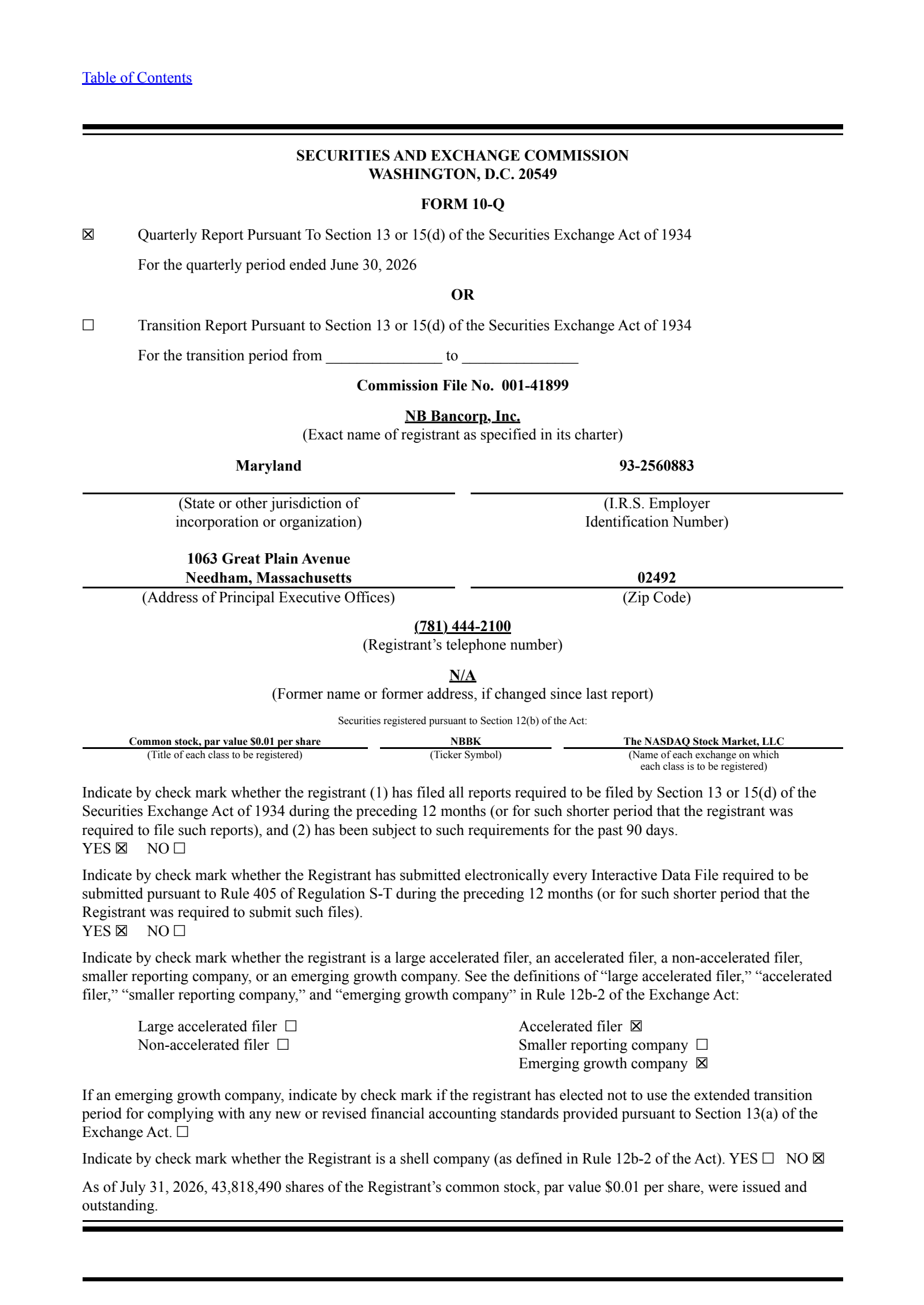 NB Bancorp's Q2 2026 Quarterly report