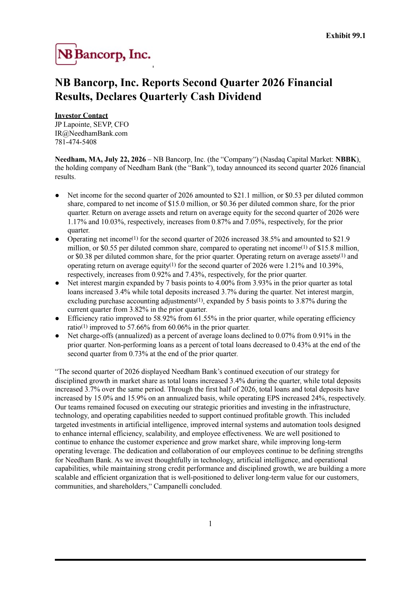 NB Bancorp's Q2 2026 Press Release