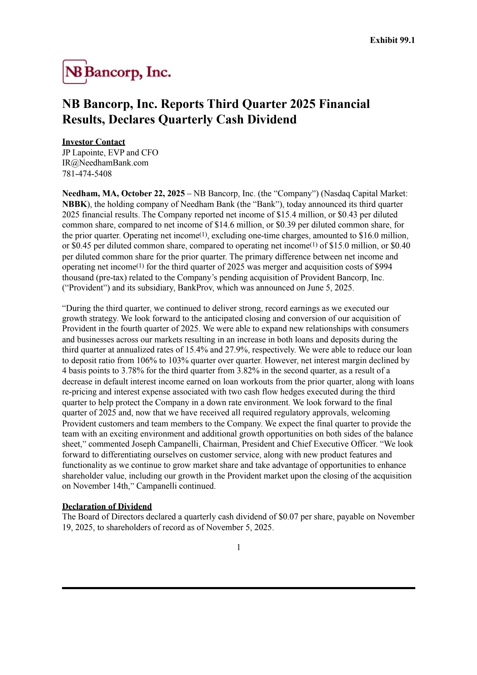 NB Bancorp's Q3 2025 Earnings Release