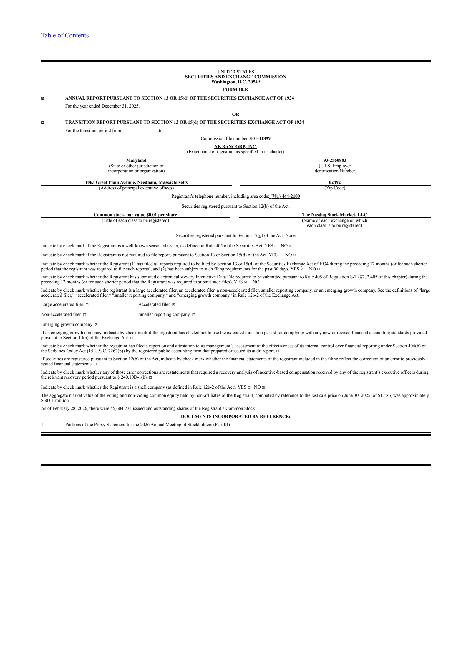 NB Bancorp's Q4 2025 Annual report