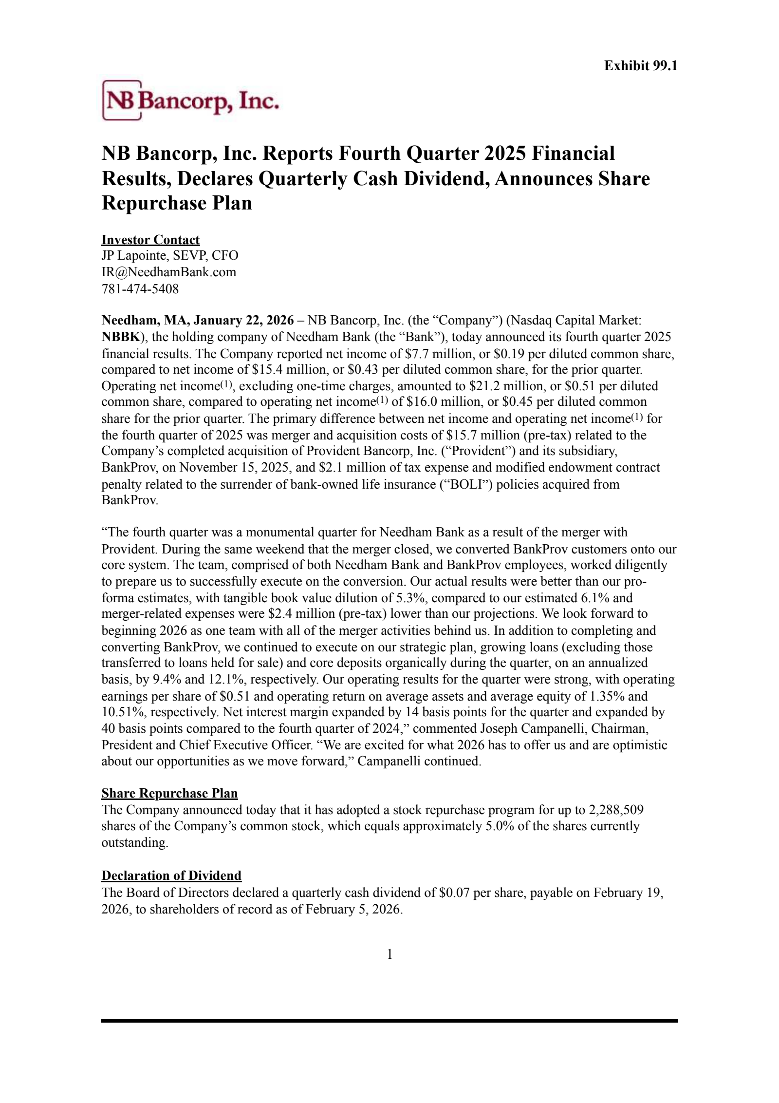 NB Bancorp's Q4 2025 Press Release